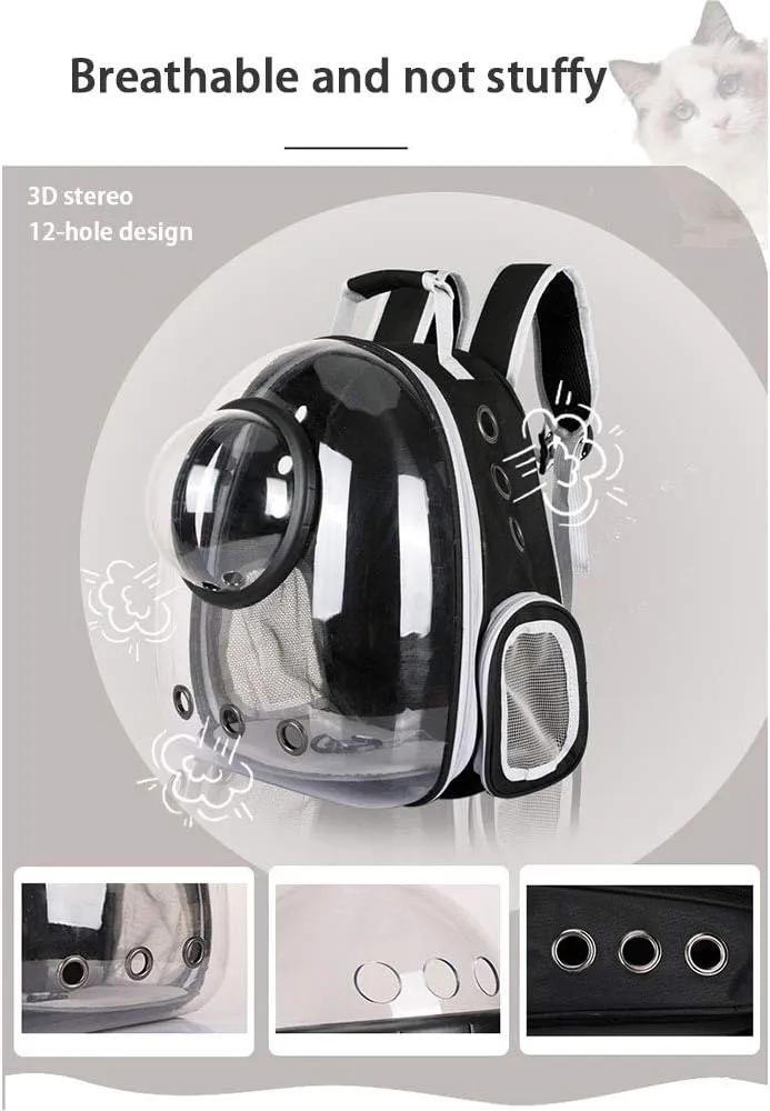 Pet Space Capsule Backpack, Small Medium Cat Puppy Dog Carrier, Transparent Breathable Heat Proof, Pet Carrier for Travel Hiking Walking Camping, Black