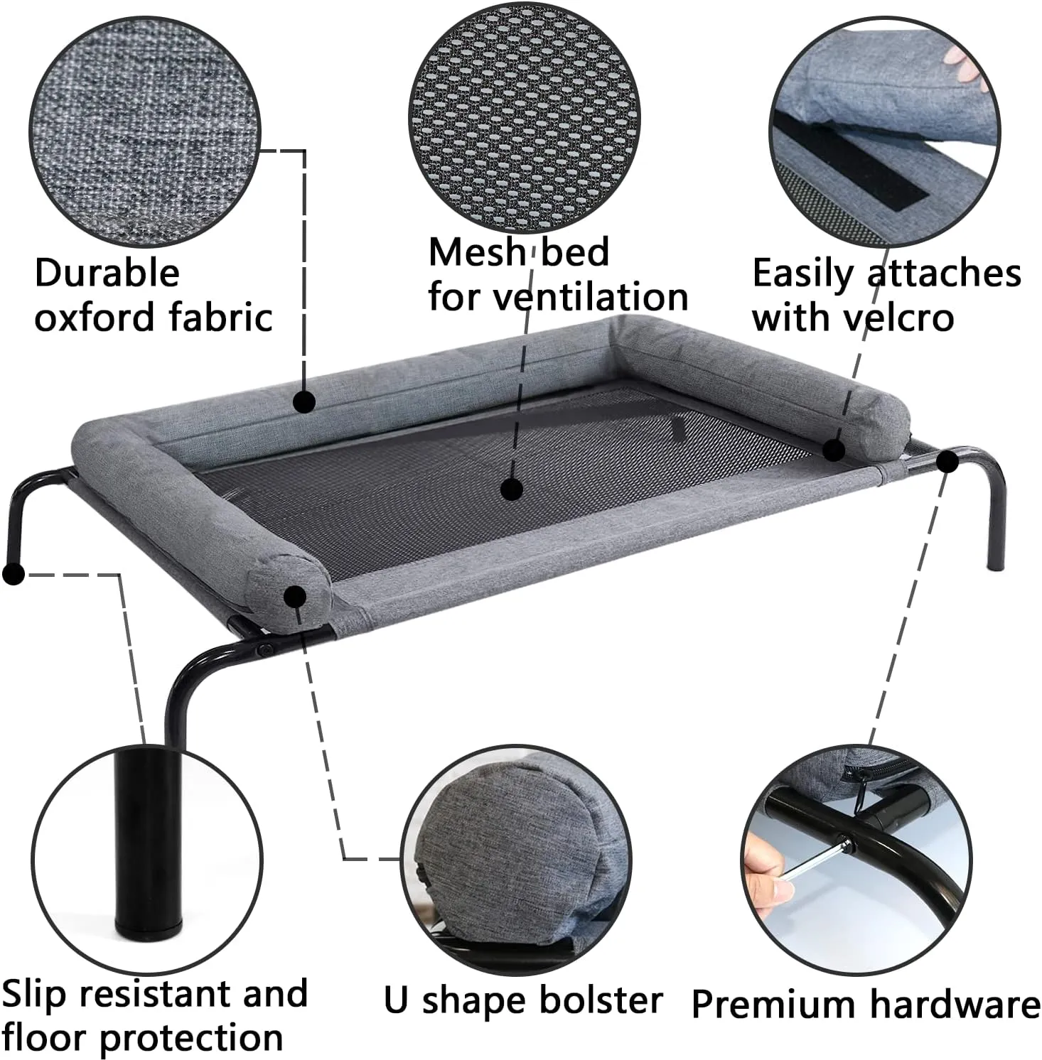 PETIME Cooling Elevated Pet Cushion Bed Raised Dog Cots for Small Dogs, Portable Indoor & Outdoor Pet Hammock, Frame with Breathable Mesh and Removable Bolsters (42 Inch)