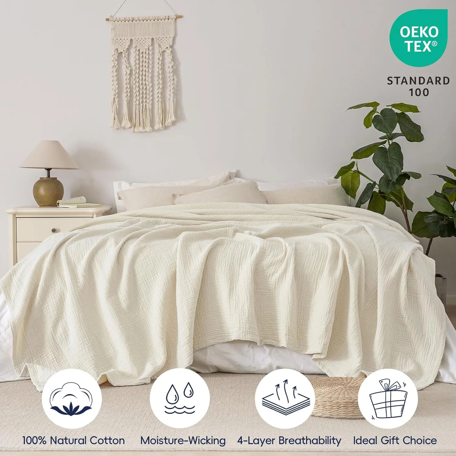PHF 100% Cotton Muslin Blanket King Size 108" x 90", 4-Layer Lightweight and Breathable Blanket for Summer, Luxuriously Soft Gauze Bedding for Bed, Natural Minimalism Style, Ideal Gift, Birch