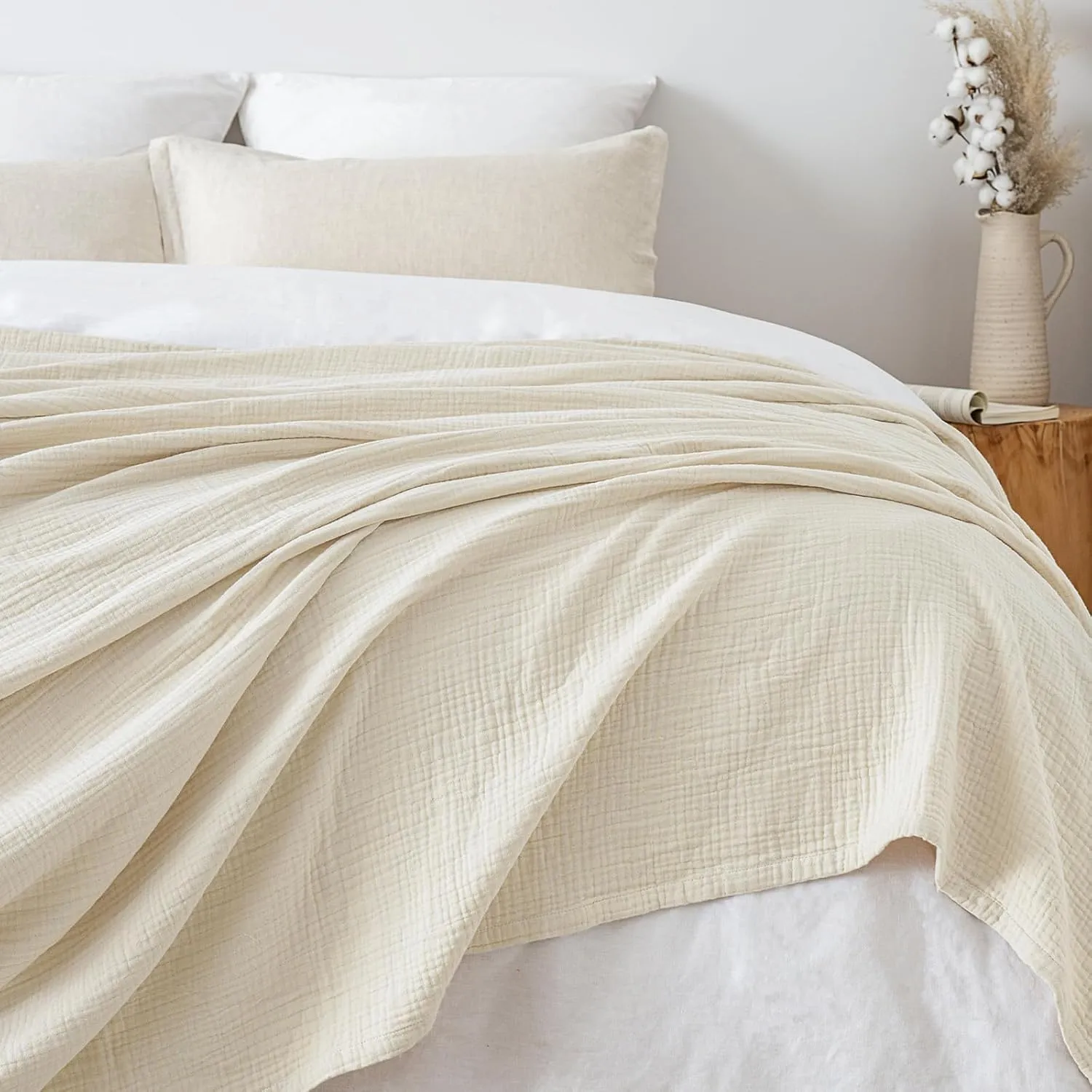 PHF 100% Cotton Muslin Blanket King Size 108" x 90", 4-Layer Lightweight and Breathable Blanket for Summer, Luxuriously Soft Gauze Bedding for Bed, Natural Minimalism Style, Ideal Gift, Birch