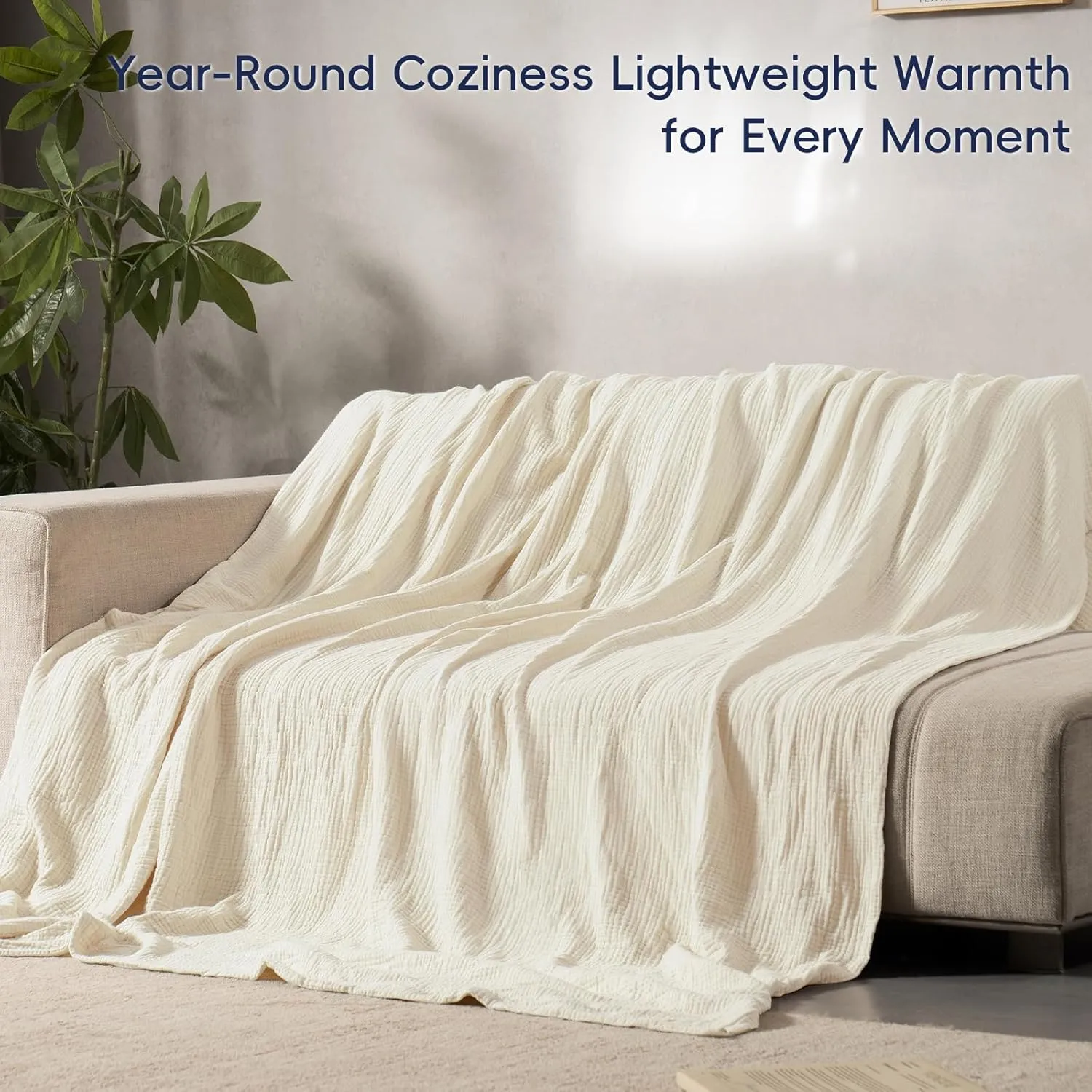 PHF 100% Cotton Muslin Blanket King Size 108" x 90", 4-Layer Lightweight and Breathable Blanket for Summer, Luxuriously Soft Gauze Bedding for Bed, Natural Minimalism Style, Ideal Gift, Birch