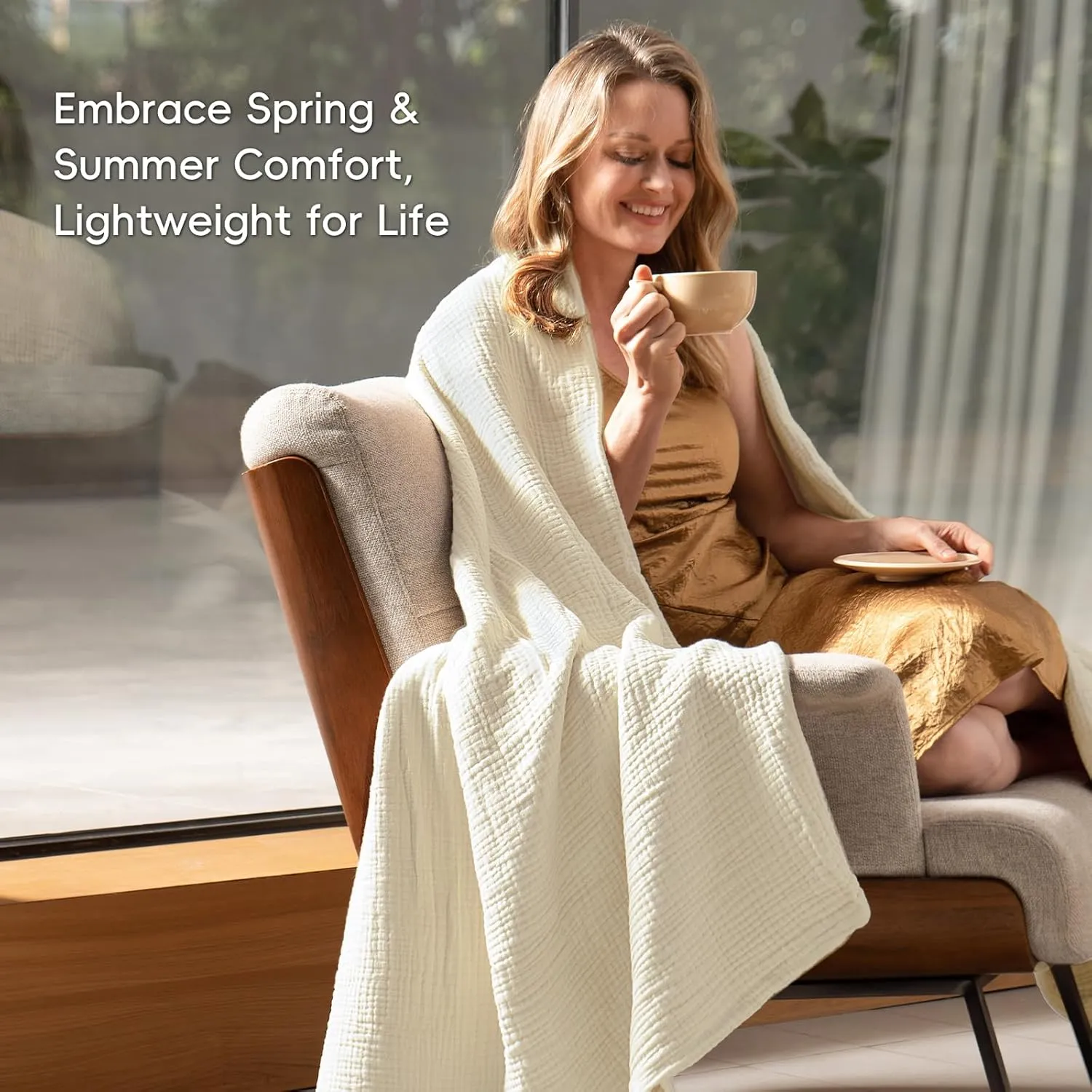 PHF 100% Cotton Muslin Blanket King Size 108" x 90", 4-Layer Lightweight and Breathable Blanket for Summer, Luxuriously Soft Gauze Bedding for Bed, Natural Minimalism Style, Ideal Gift, Birch