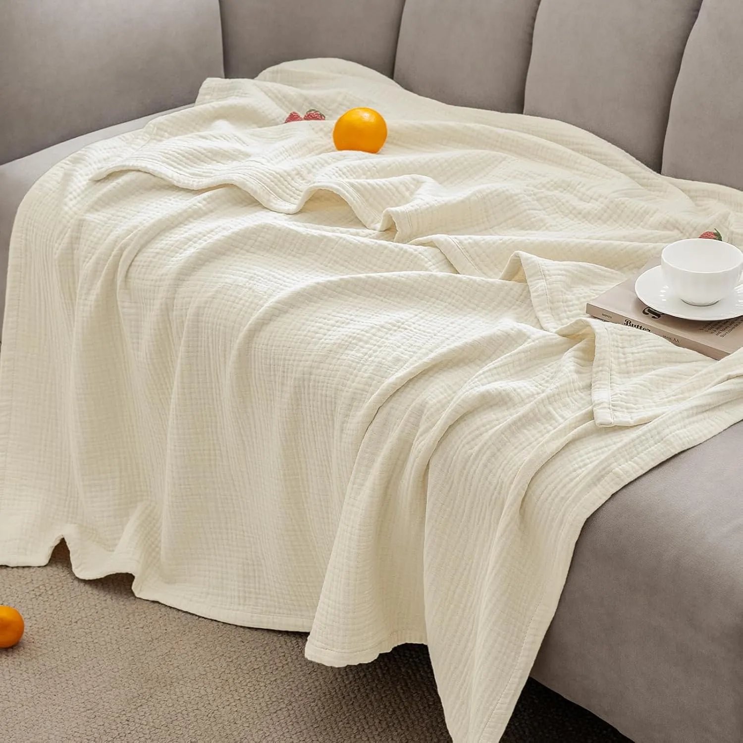 PHF 100% Cotton Muslin Blanket King Size 108" x 90", 4-Layer Lightweight and Breathable Blanket for Summer, Luxuriously Soft Gauze Bedding for Bed, Natural Minimalism Style, Ideal Gift, Birch