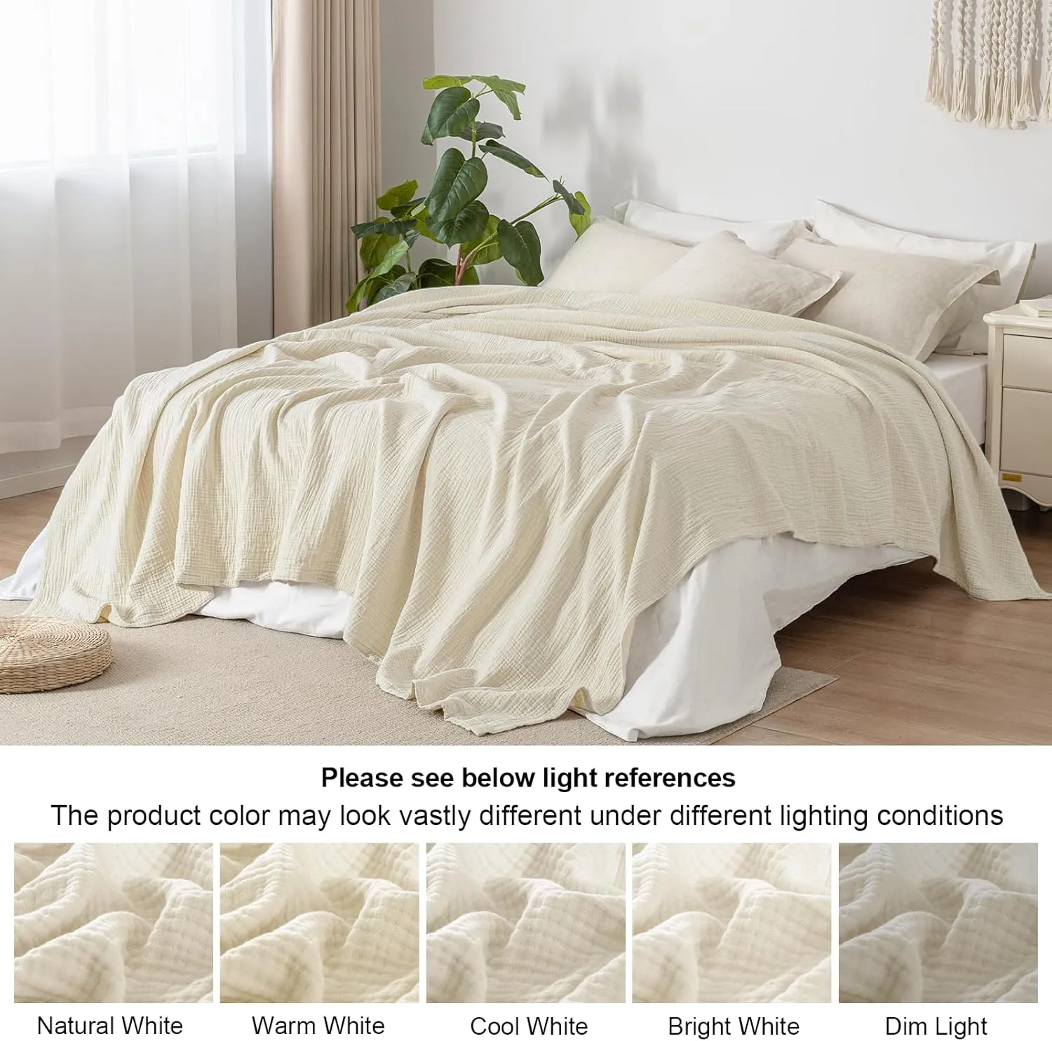 PHF 100% Cotton Muslin Blanket King Size 108" x 90", 4-Layer Lightweight and Breathable Blanket for Summer, Luxuriously Soft Gauze Bedding for Bed, Natural Minimalism Style, Ideal Gift, Birch