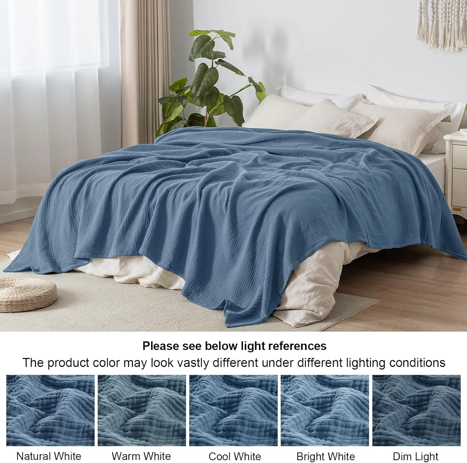 PHF 100% Cotton Muslin Blanket King Size 108" x 90", 4-Layer Lightweight and Breathable Blanket for Summer, Luxuriously Soft Gauze Bedding for Bed, Natural Minimalism Style, Ideal Gift, Captain's Blue