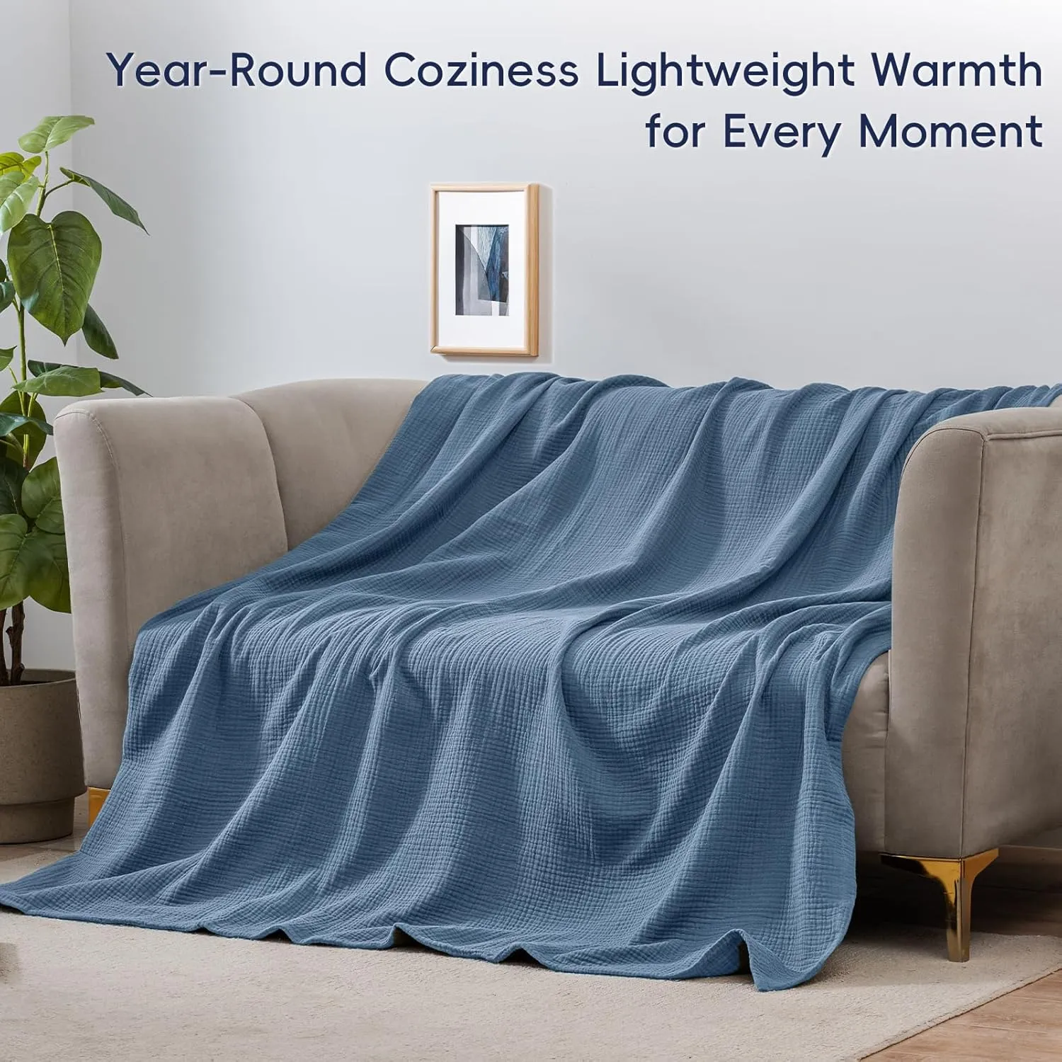 PHF 100% Cotton Muslin Blanket King Size 108" x 90", 4-Layer Lightweight and Breathable Blanket for Summer, Luxuriously Soft Gauze Bedding for Bed, Natural Minimalism Style, Ideal Gift, Captain's Blue
