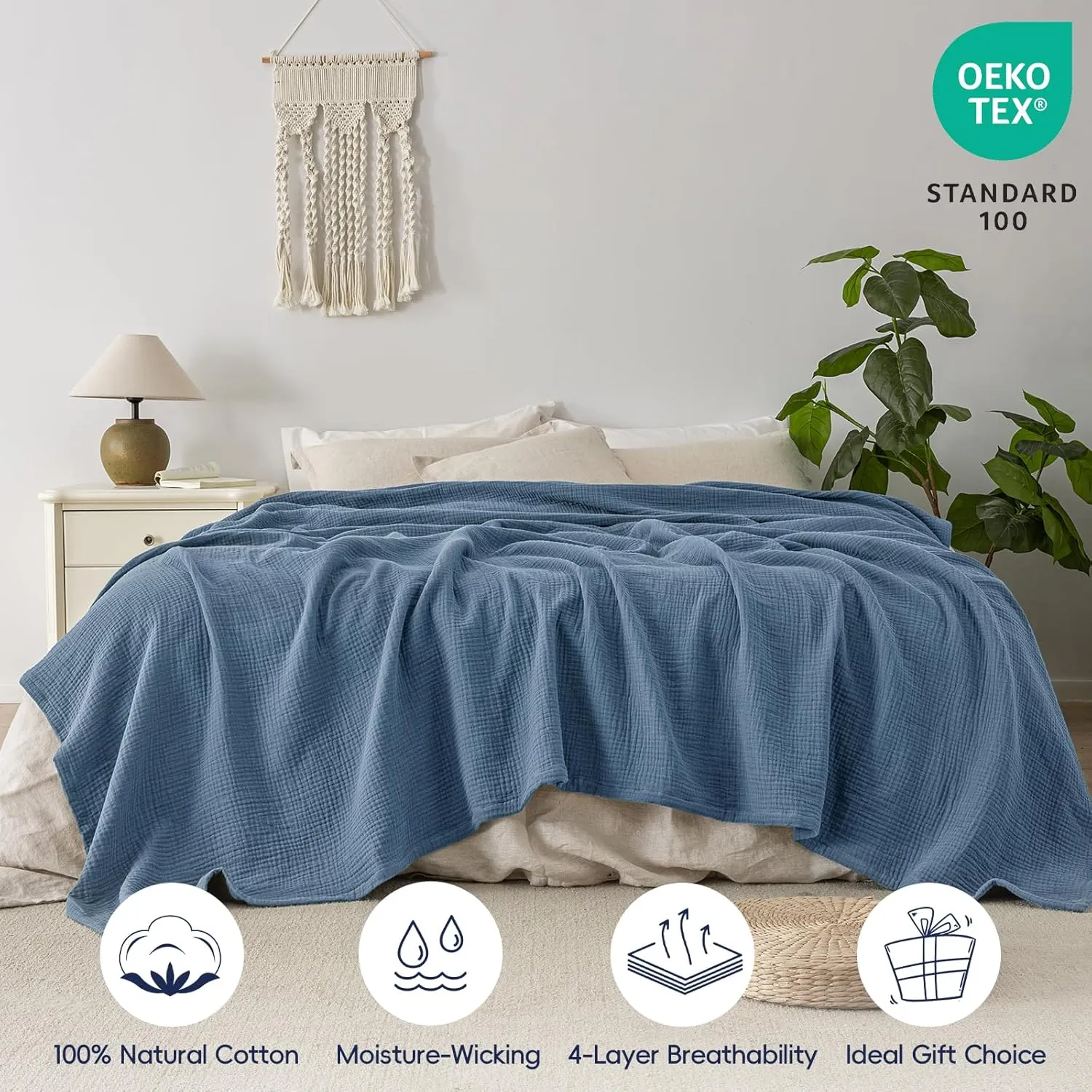PHF 100% Cotton Muslin Blanket King Size 108" x 90", 4-Layer Lightweight and Breathable Blanket for Summer, Luxuriously Soft Gauze Bedding for Bed, Natural Minimalism Style, Ideal Gift, Captain's Blue