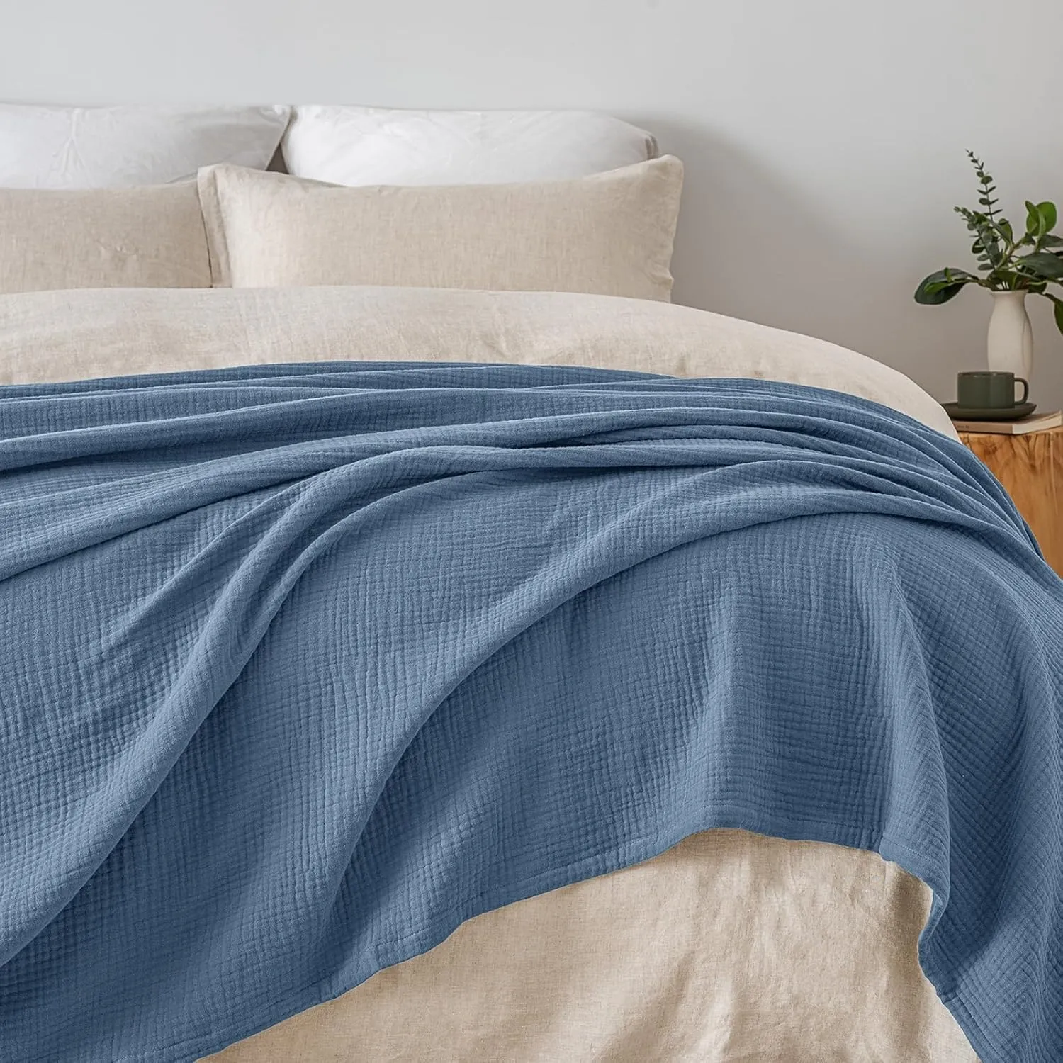 PHF 100% Cotton Muslin Blanket King Size 108" x 90", 4-Layer Lightweight and Breathable Blanket for Summer, Luxuriously Soft Gauze Bedding for Bed, Natural Minimalism Style, Ideal Gift, Captain's Blue