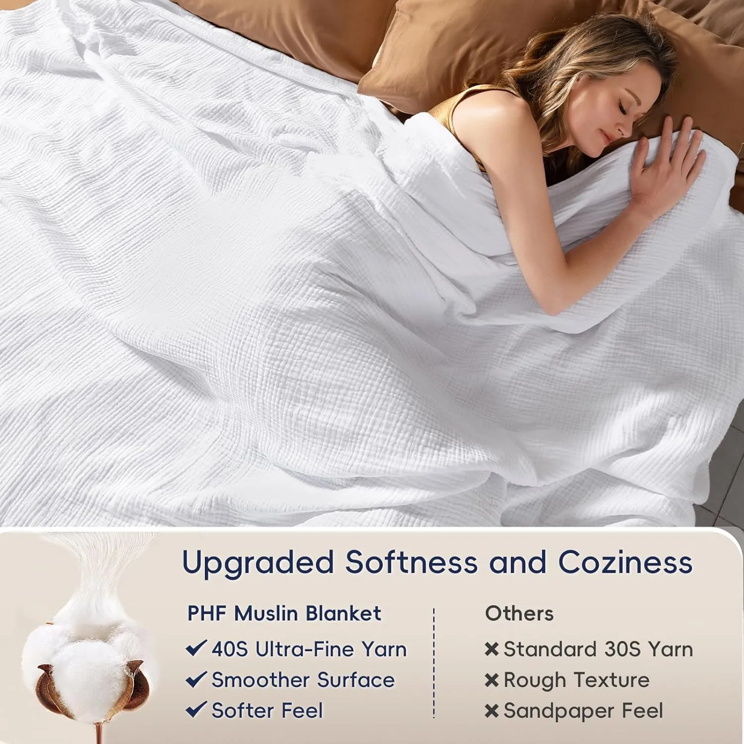 PHF 100% Cotton Muslin Blanket King Size 108" x 90", 4-Layer Lightweight and Breathable Blanket for Summer, Luxuriously Soft Gauze Bedding for Bed, Natural Minimalism Style, Ideal Gift, White