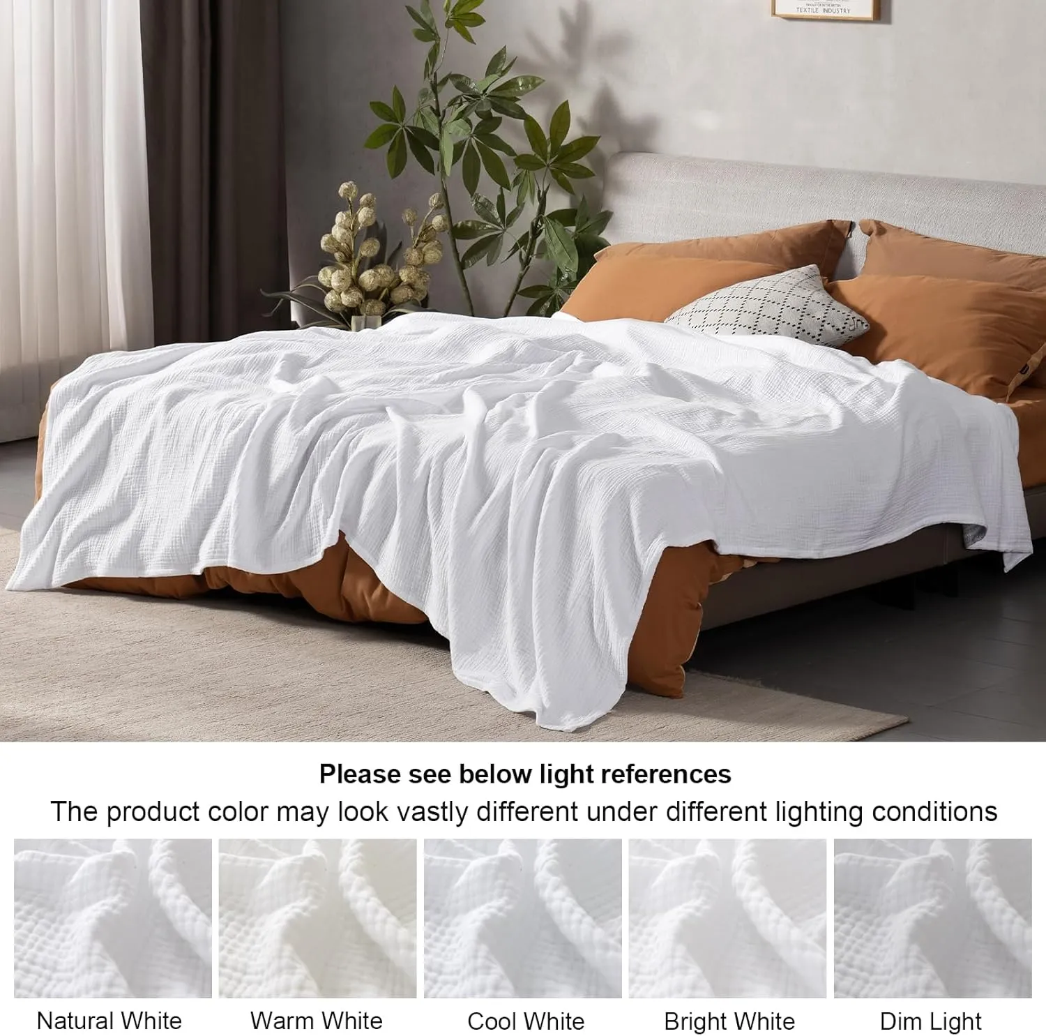 PHF 100% Cotton Muslin Blanket King Size 108" x 90", 4-Layer Lightweight and Breathable Blanket for Summer, Luxuriously Soft Gauze Bedding for Bed, Natural Minimalism Style, Ideal Gift, White