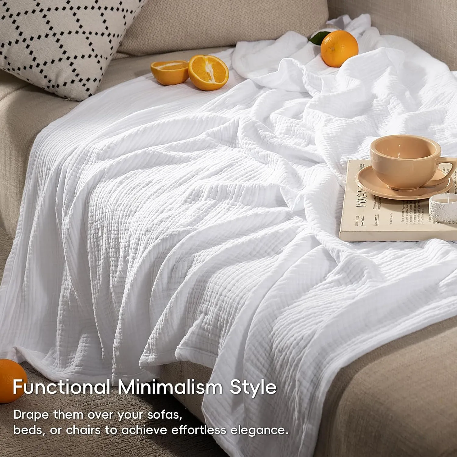 PHF 100% Cotton Muslin Blanket King Size 108" x 90", 4-Layer Lightweight and Breathable Blanket for Summer, Luxuriously Soft Gauze Bedding for Bed, Natural Minimalism Style, Ideal Gift, White