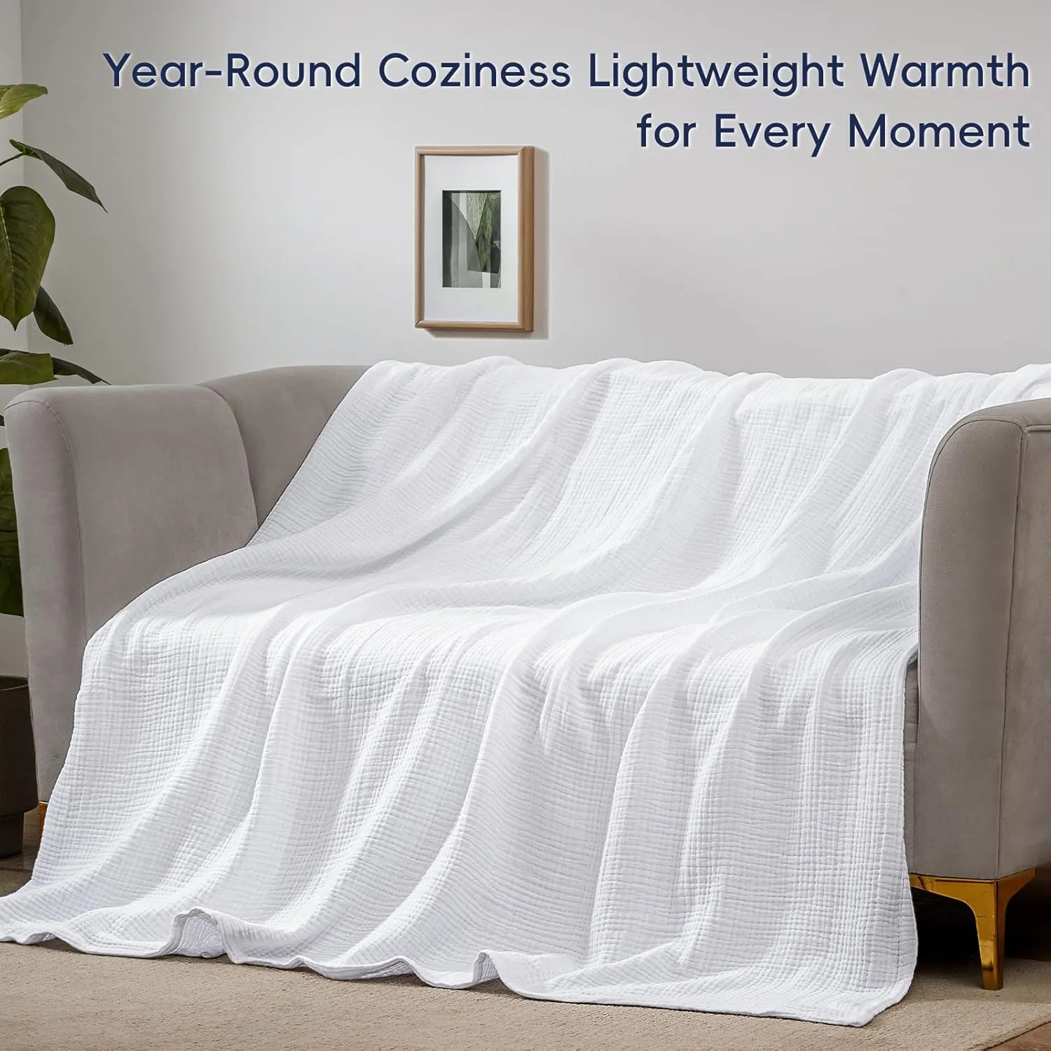 PHF 100% Cotton Muslin Blanket King Size 108" x 90", 4-Layer Lightweight and Breathable Blanket for Summer, Luxuriously Soft Gauze Bedding for Bed, Natural Minimalism Style, Ideal Gift, White