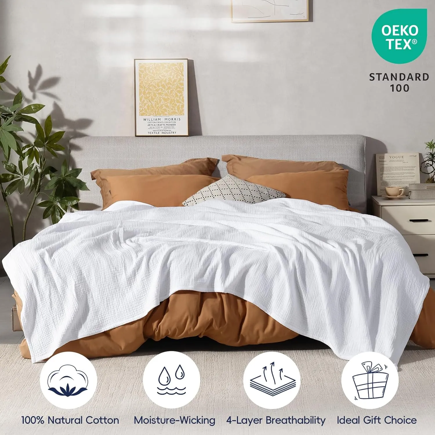 PHF 100% Cotton Muslin Blanket King Size 108" x 90", 4-Layer Lightweight and Breathable Blanket for Summer, Luxuriously Soft Gauze Bedding for Bed, Natural Minimalism Style, Ideal Gift, White