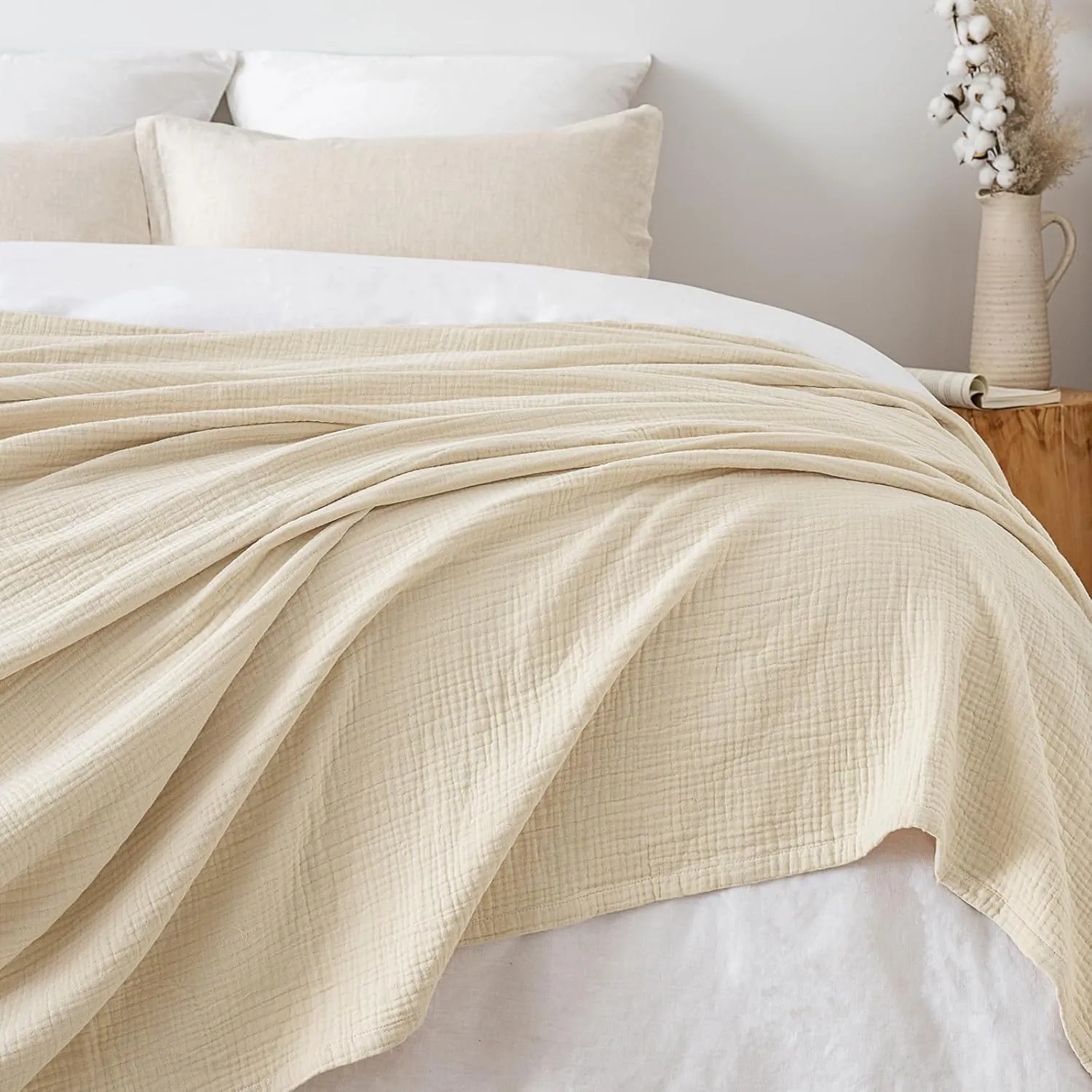 PHF 100% Cotton Muslin Blanket King Size 108" x 90", 4-Layer Lightweight and Breathable for Summer, Luxuriously Soft Gauze Bedding for Bed, Natural Minimalism Style, Ideal Gift, Beige/Short Bread