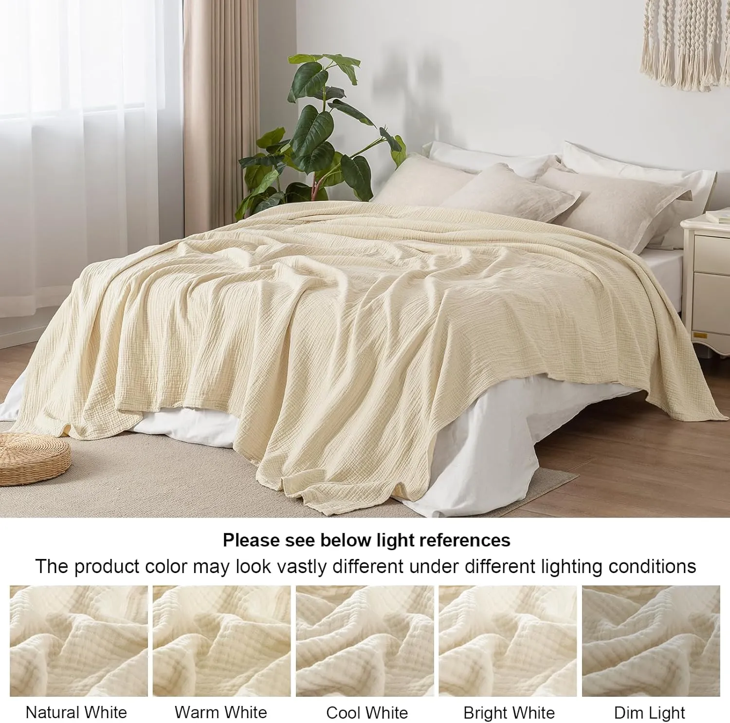 PHF 100% Cotton Muslin Blanket King Size 108" x 90", 4-Layer Lightweight and Breathable for Summer, Luxuriously Soft Gauze Bedding for Bed, Natural Minimalism Style, Ideal Gift, Beige/Short Bread
