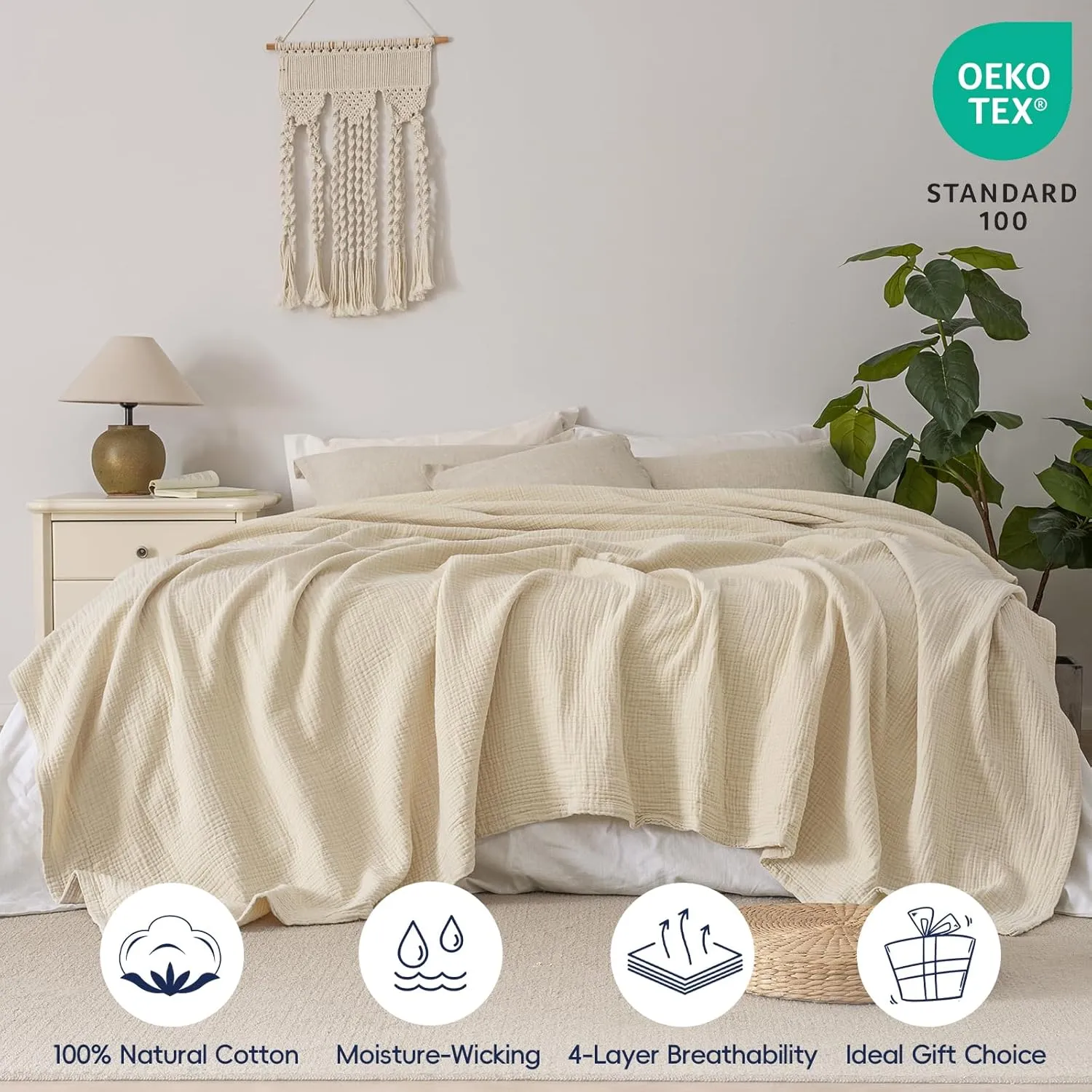 PHF 100% Cotton Muslin Blanket King Size 108" x 90", 4-Layer Lightweight and Breathable for Summer, Luxuriously Soft Gauze Bedding for Bed, Natural Minimalism Style, Ideal Gift, Beige/Short Bread