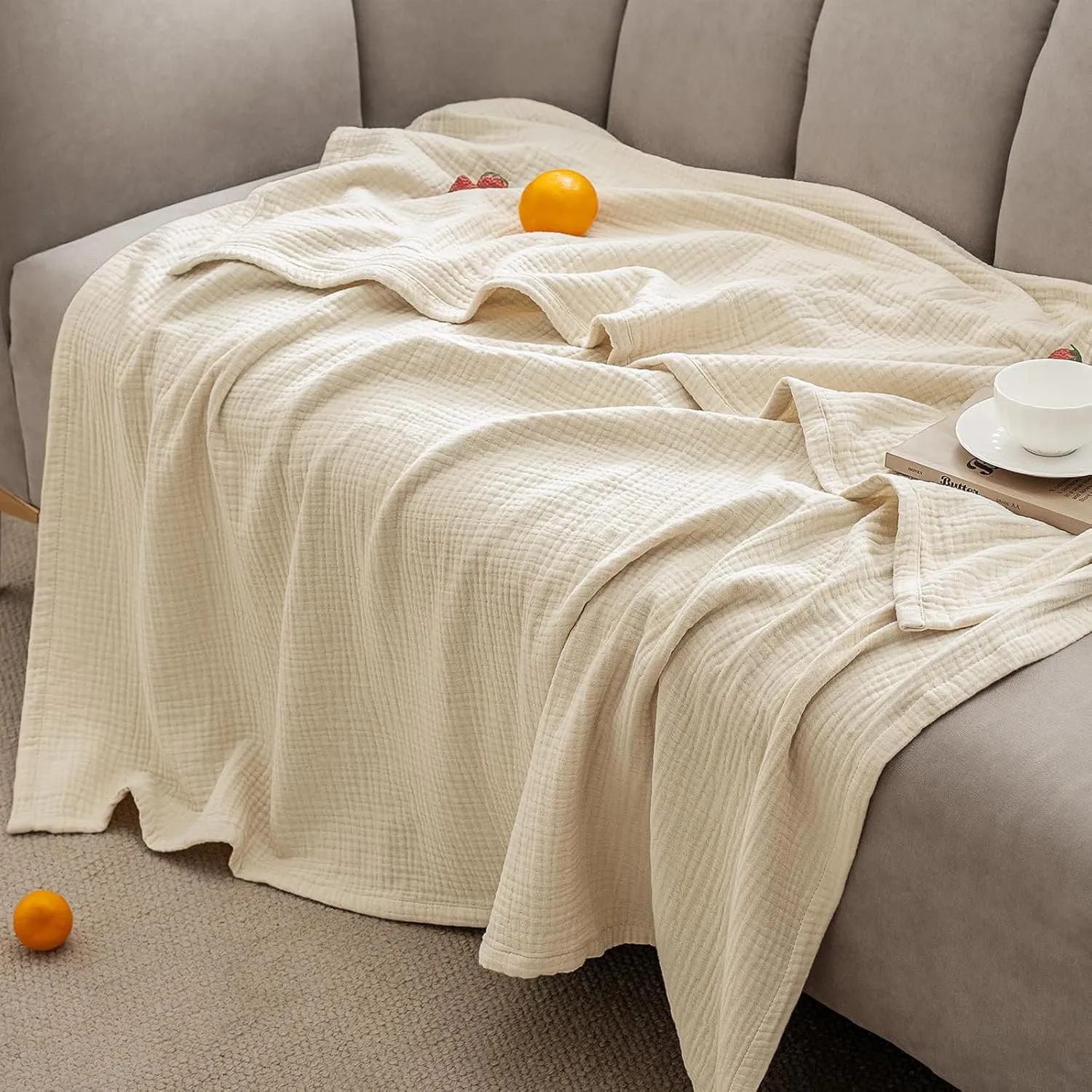 PHF 100% Cotton Muslin Blanket King Size 108" x 90", 4-Layer Lightweight and Breathable for Summer, Luxuriously Soft Gauze Bedding for Bed, Natural Minimalism Style, Ideal Gift, Beige/Short Bread