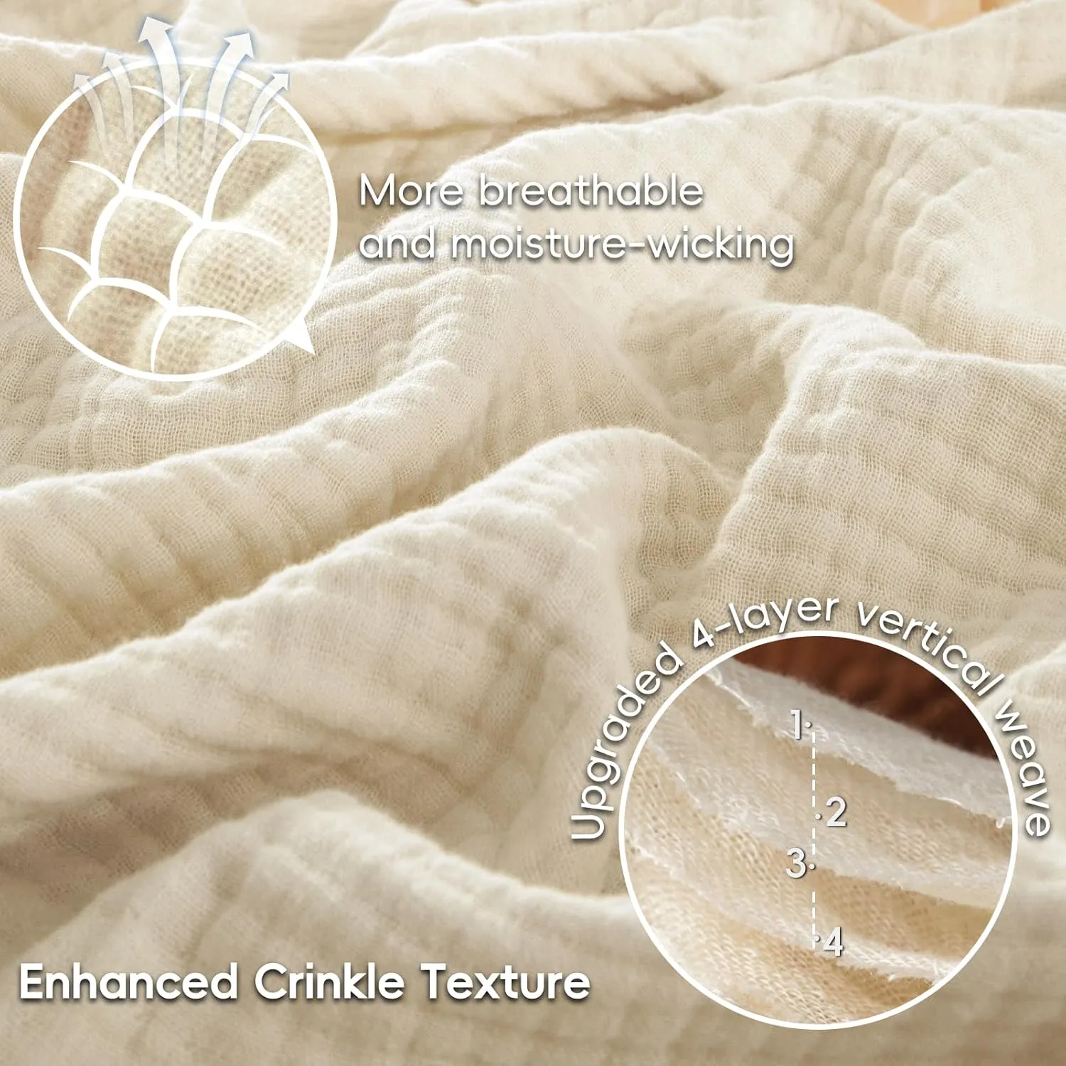 PHF 100% Cotton Muslin Blanket King Size 108" x 90", 4-Layer Lightweight and Breathable for Summer, Luxuriously Soft Gauze Bedding for Bed, Natural Minimalism Style, Ideal Gift, Beige/Short Bread