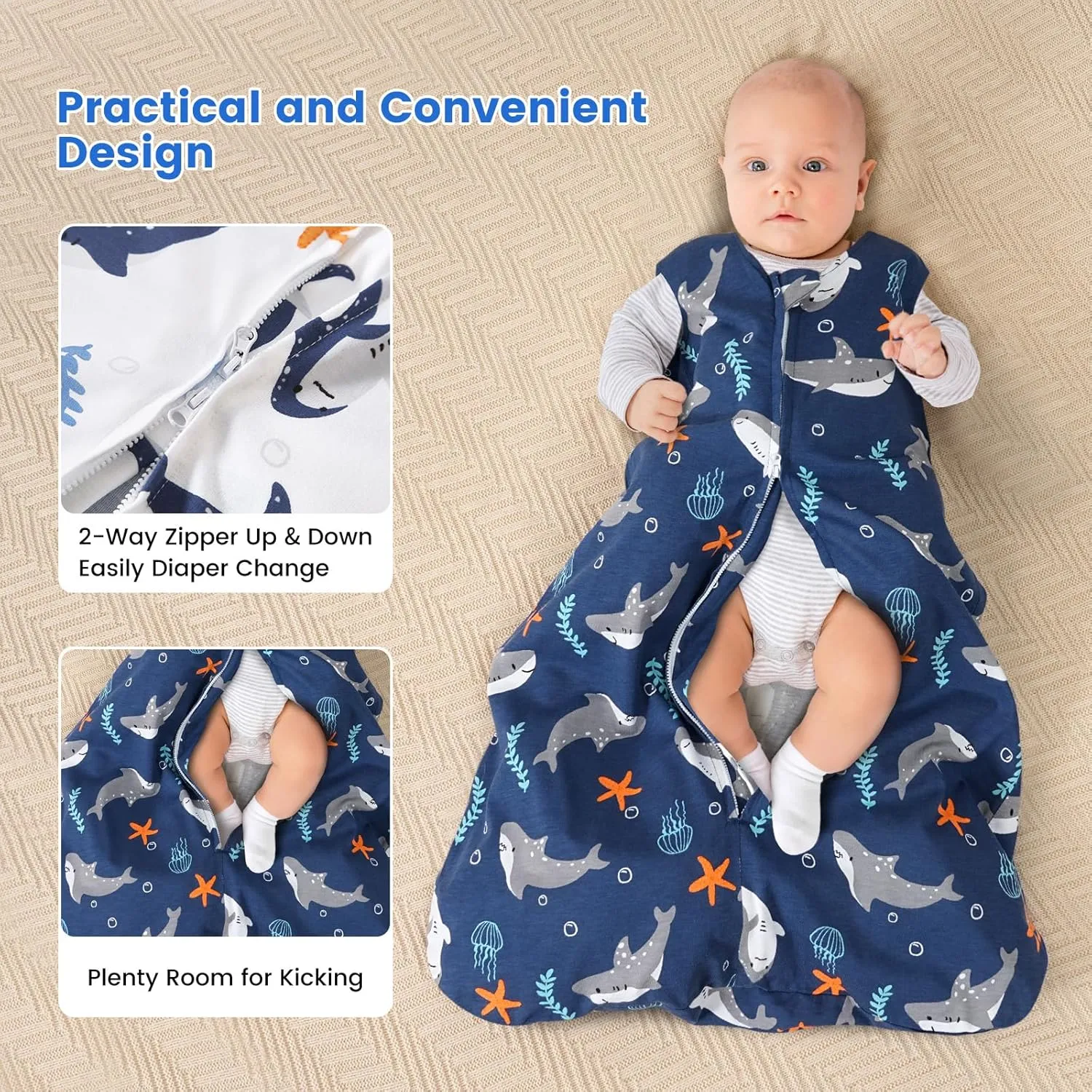 PHF 70% Rayon Derived from Bamboo and 30% Cotton Baby Sleep Sacks 0-6 Months, Baby Sleeping Bag with 2-Way Zipper, 2 Pack 0.5 TOG Soft and Breathable Wearable Blanket for Baby Boys Small Size, Shark