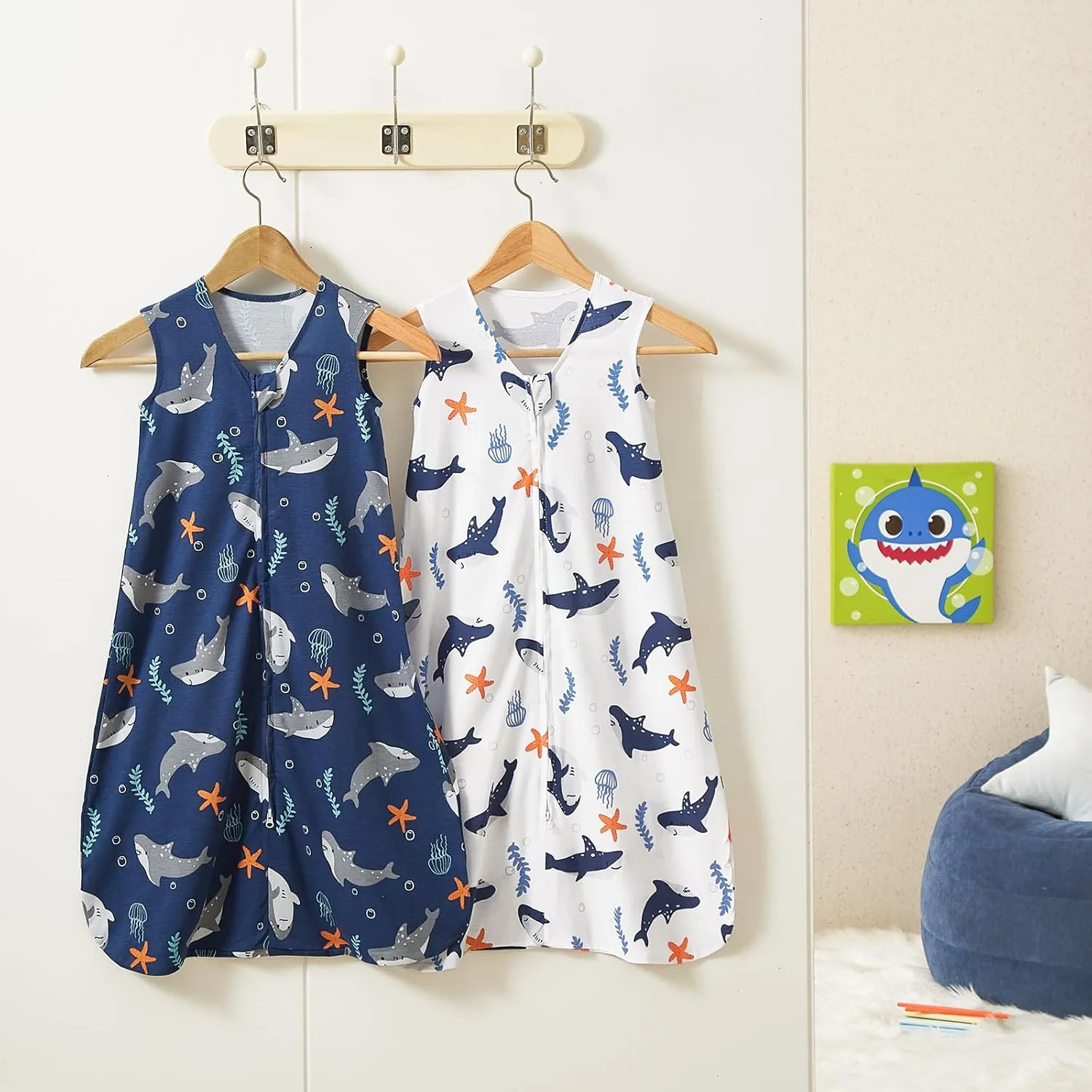 PHF 70% Rayon Derived from Bamboo and 30% Cotton Baby Sleep Sacks 0-6 Months, Baby Sleeping Bag with 2-Way Zipper, 2 Pack 0.5 TOG Soft and Breathable Wearable Blanket for Baby Boys Small Size, Shark