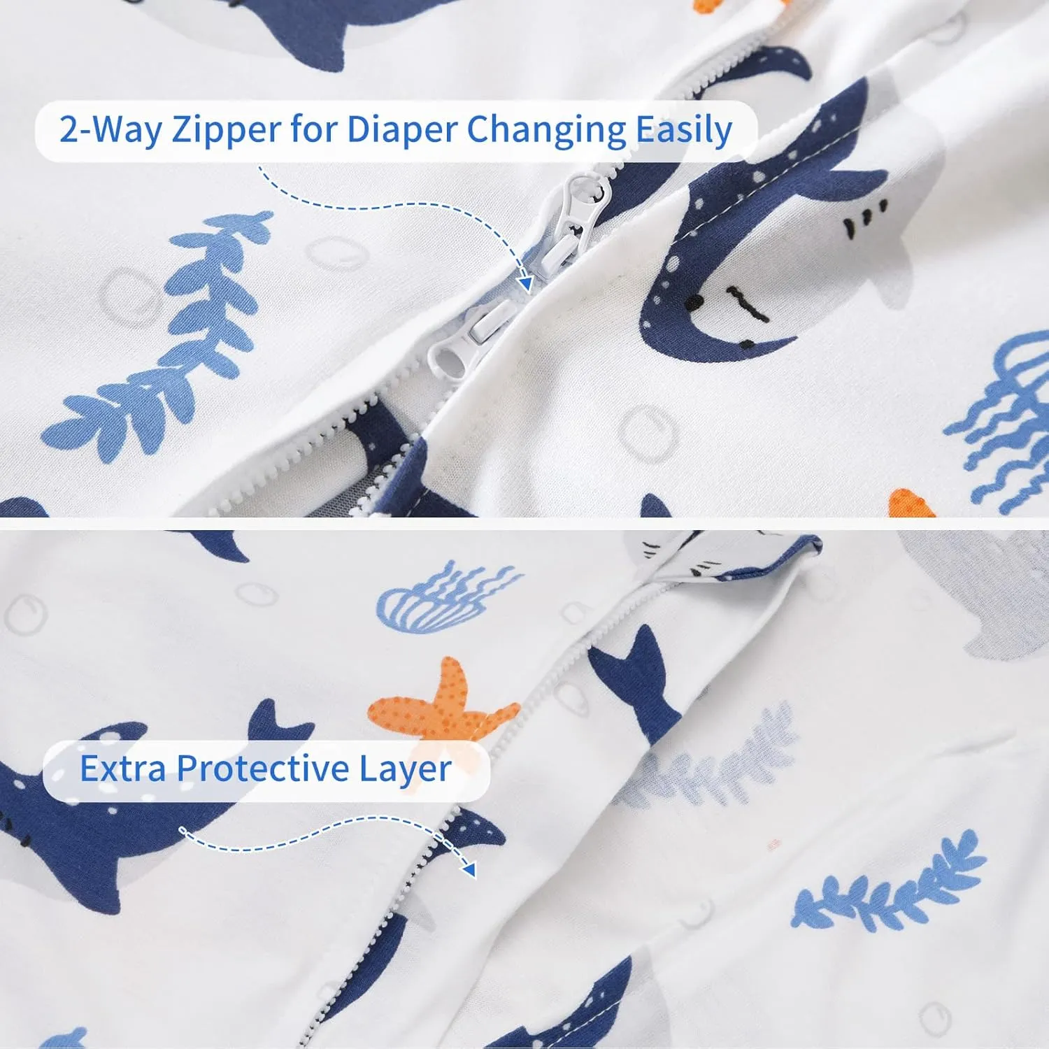 PHF 70% Rayon Derived from Bamboo and 30% Cotton Baby Sleep Sacks 0-6 Months, Baby Sleeping Bag with 2-Way Zipper, 2 Pack 0.5 TOG Soft and Breathable Wearable Blanket for Baby Boys Small Size, Shark