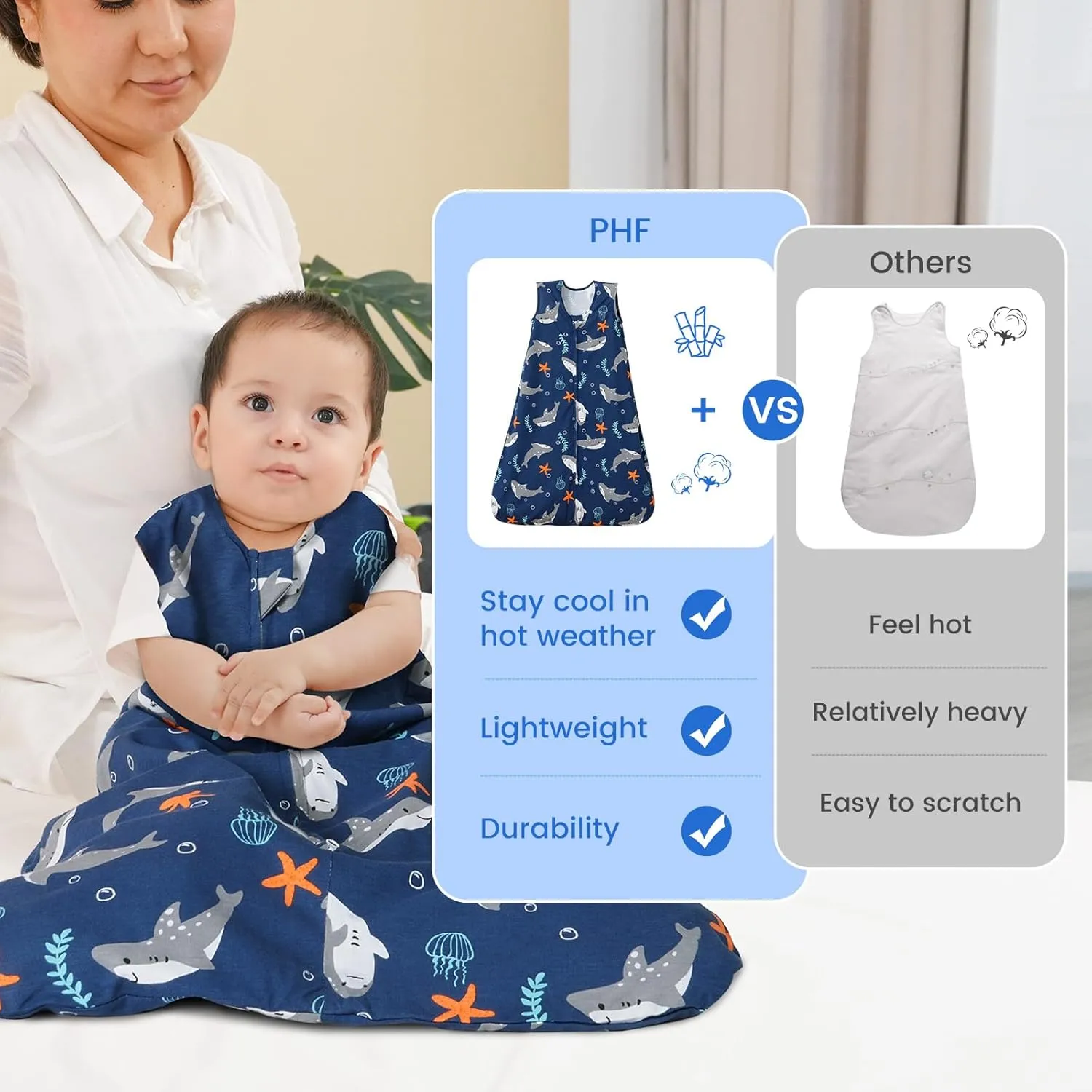 PHF 70% Rayon Derived from Bamboo and 30% Cotton Baby Sleep Sacks 0-6 Months, Baby Sleeping Bag with 2-Way Zipper, 2 Pack 0.5 TOG Soft and Breathable Wearable Blanket for Baby Boys Small Size, Shark