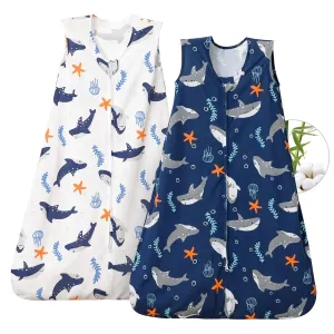 PHF 70% Rayon Derived from Bamboo and 30% Cotton Baby Sleep Sacks 0-6 Months, Baby Sleeping Bag with 2-Way Zipper, 2 Pack 0.5 TOG Soft and Breathable Wearable Blanket for Baby Boys Small Size, Shark