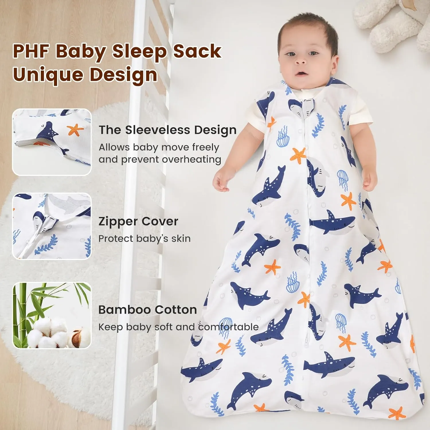 PHF 70% Rayon Derived from Bamboo and 30% Cotton Baby Sleep Sacks 0-6 Months, Baby Sleeping Bag with 2-Way Zipper, 2 Pack 0.5 TOG Soft and Breathable Wearable Blanket for Baby Boys Small Size, Shark