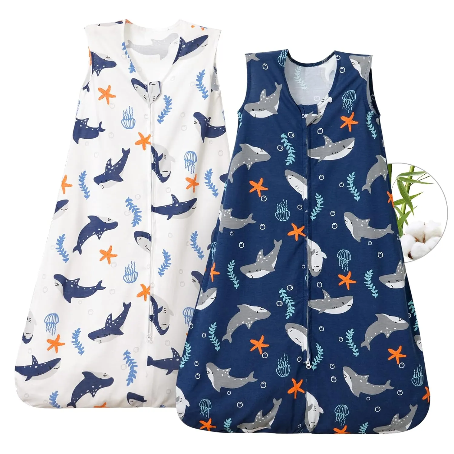 PHF 70% Rayon Derived from Bamboo and 30% Cotton Baby Sleep Sacks 0-6 Months, Baby Sleeping Bag with 2-Way Zipper, 2 Pack 0.5 TOG Soft and Breathable Wearable Blanket for Baby Boys Small Size, Shark