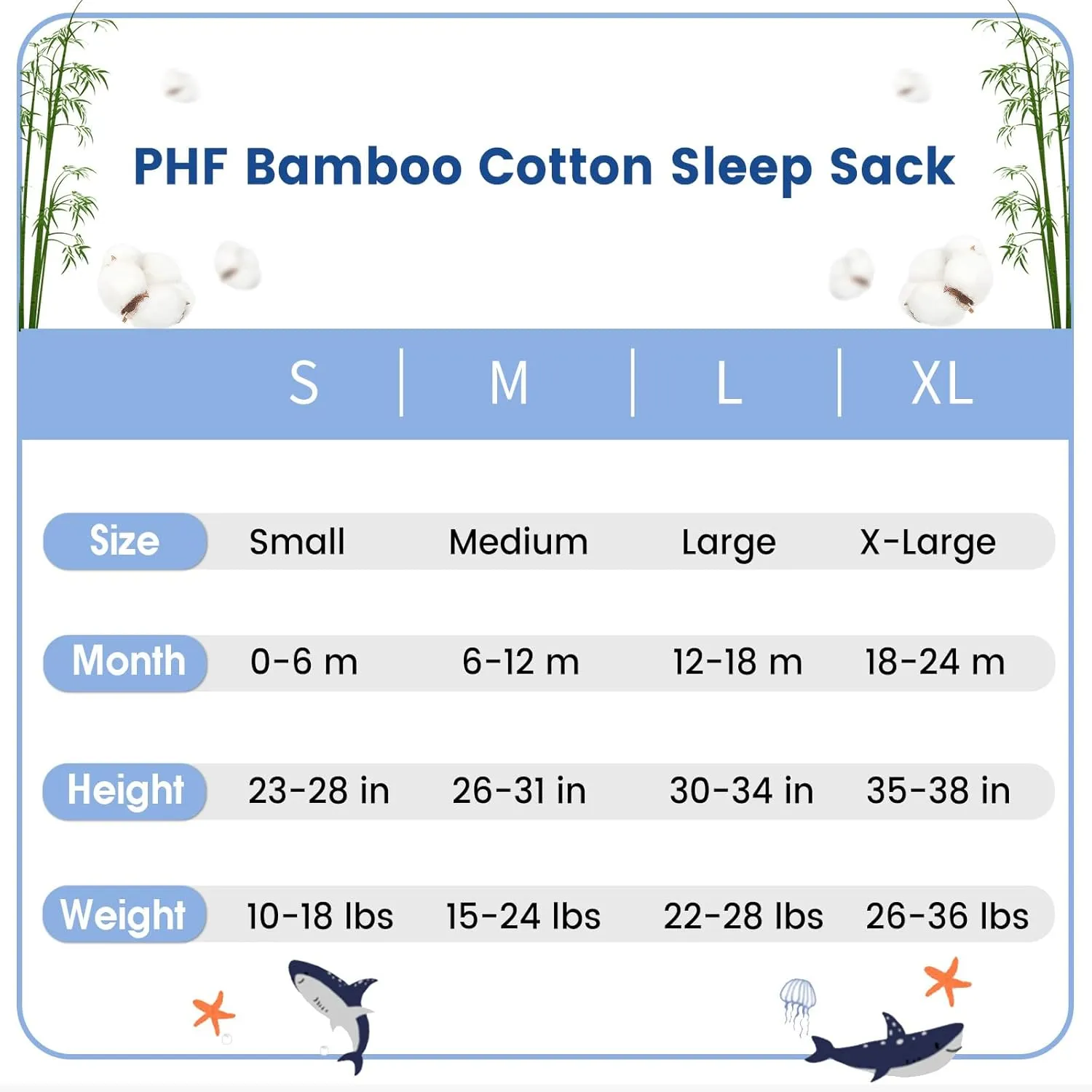 PHF 70% Rayon Derived from Bamboo and 30% Cotton Baby Sleep Sacks 0-6 Months, Baby Sleeping Bag with 2-Way Zipper, 2 Pack 0.5 TOG Soft and Breathable Wearable Blanket for Baby Boys Small Size, Shark