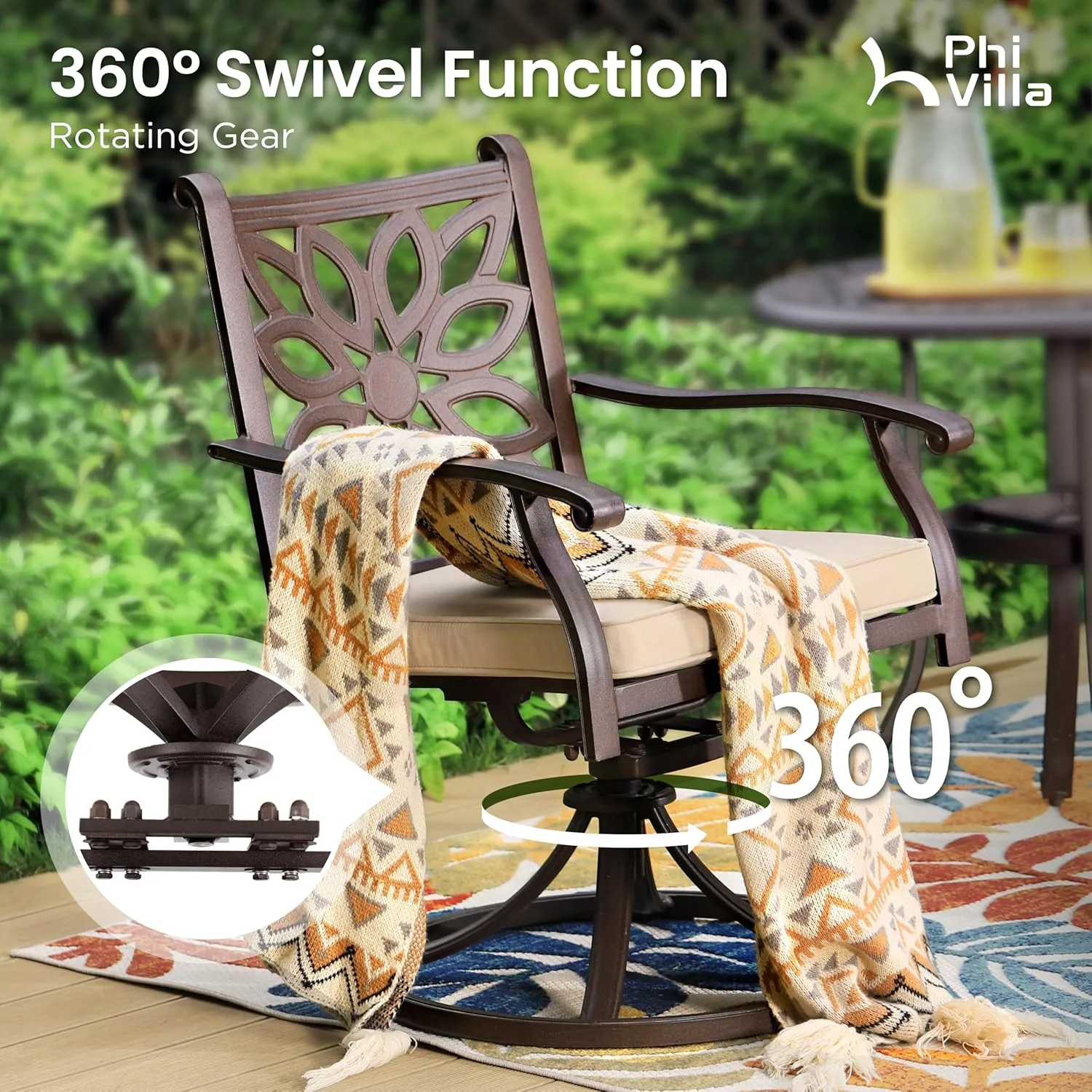PHI VILLA Cast Aluminum Patio Dining Set for 6 Person, 7 Piece Outdoor Patio Set with 64" x 37" Cast-Top Aluminum Table(2.3" Umbrella Hole), 4 Dining Chairs and 2 Swivel Rockers with Seat Cushions