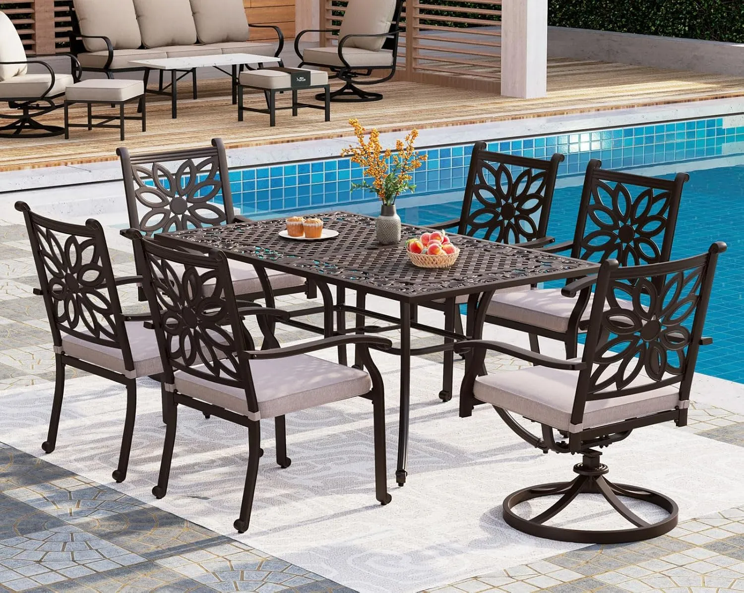 PHI VILLA Cast Aluminum Patio Dining Set for 6 Person, 7 Piece Outdoor Patio Set with 64" x 37" Cast-Top Aluminum Table(2.3" Umbrella Hole), 4 Dining Chairs and 2 Swivel Rockers with Seat Cushions