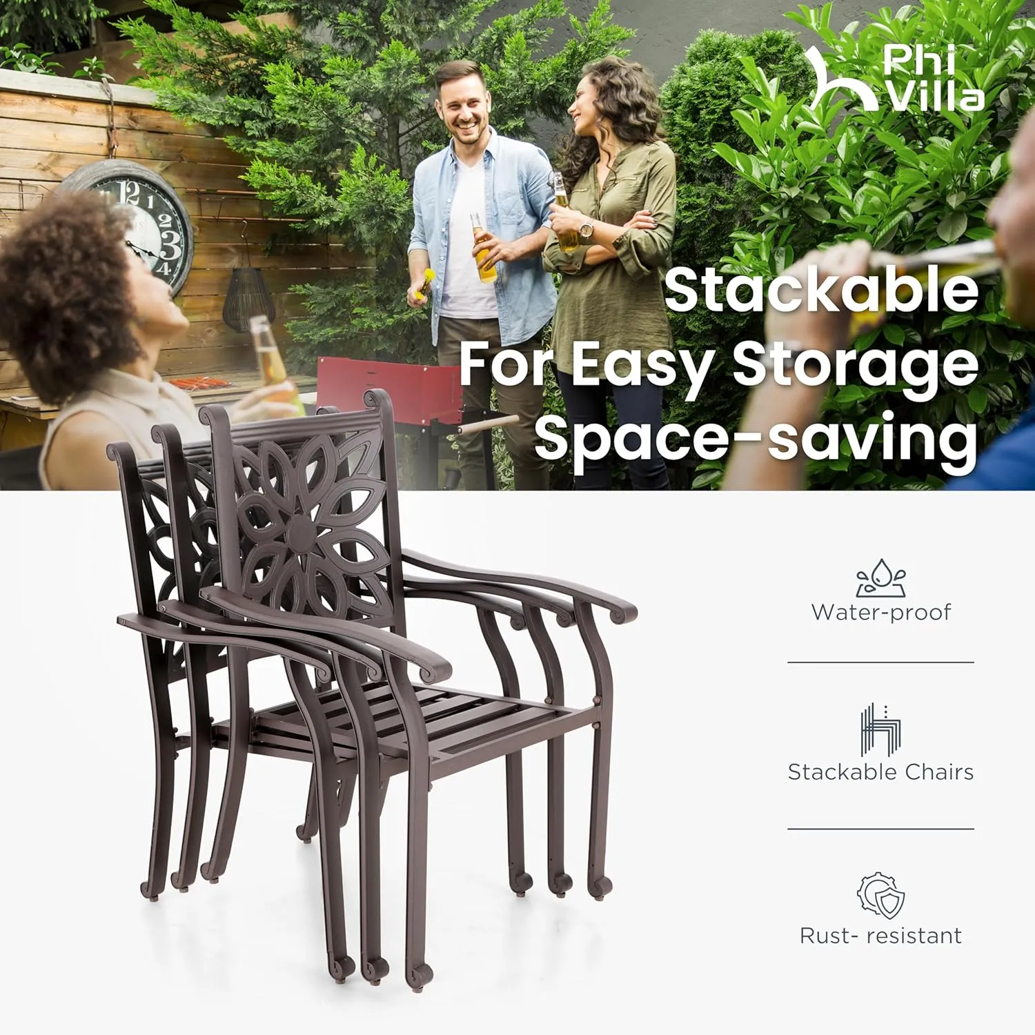 PHI VILLA Cast Aluminum Patio Dining Set for 6 Person, 7 Piece Outdoor Patio Set with 64" x 37" Cast-Top Aluminum Table(2.3" Umbrella Hole), 4 Dining Chairs and 2 Swivel Rockers with Seat Cushions