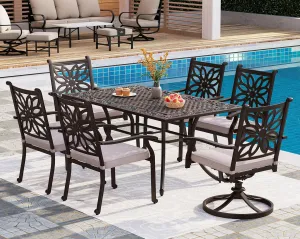 PHI VILLA Cast Aluminum Patio Dining Set for 6 Person, 7 Piece Outdoor Patio Set with 64" x 37" Cast-Top Aluminum Table(2.3" Umbrella Hole), 4 Dining Chairs and 2 Swivel Rockers with Seat Cushions