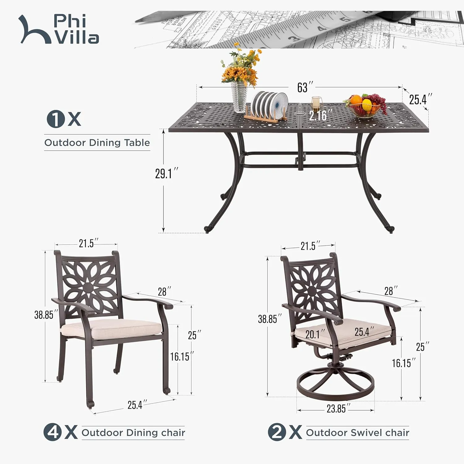PHI VILLA Cast Aluminum Patio Dining Set for 6 Person, 7 Piece Outdoor Patio Set with 64" x 37" Cast-Top Aluminum Table(2.3" Umbrella Hole), 4 Dining Chairs and 2 Swivel Rockers with Seat Cushions