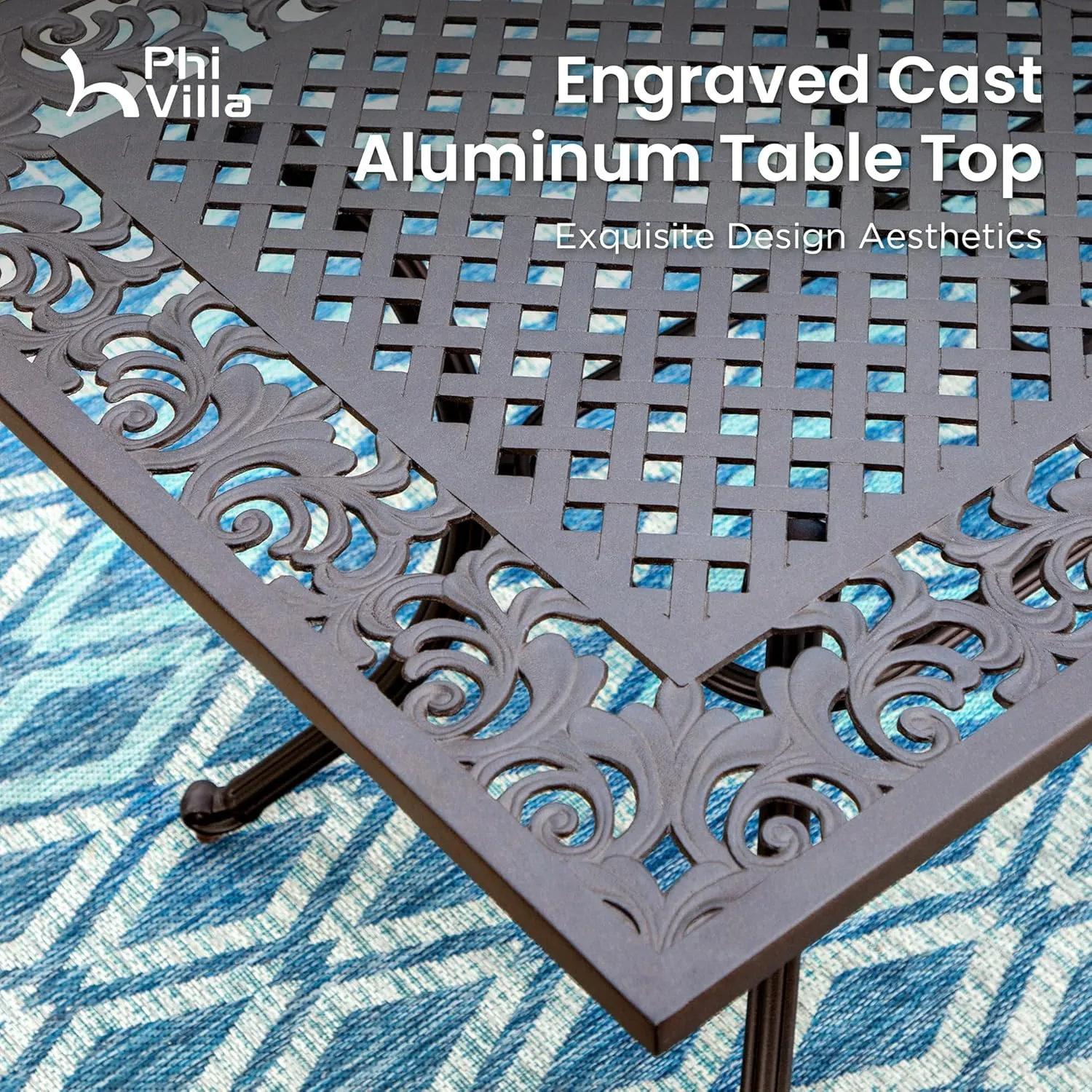 PHI VILLA Cast Aluminum Patio Dining Set for 6 Person, 7 Piece Outdoor Patio Set with 64" x 37" Cast-Top Aluminum Table(2.3" Umbrella Hole), 4 Dining Chairs and 2 Swivel Rockers with Seat Cushions