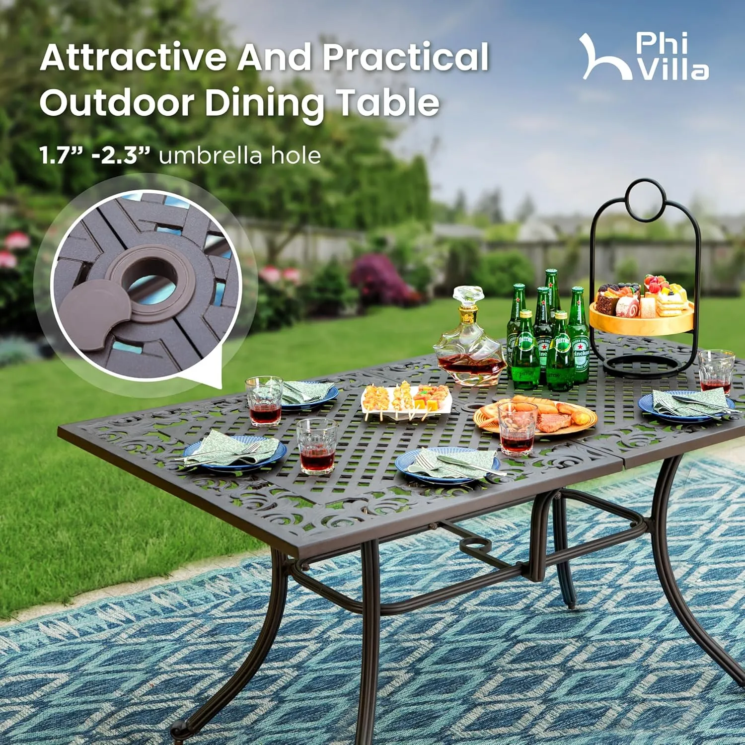 PHI VILLA Cast Aluminum Patio Dining Set for 6 Person, 7 Piece Outdoor Patio Set with 64" x 37" Cast-Top Aluminum Table(2.3" Umbrella Hole), 4 Dining Chairs and 2 Swivel Rockers with Seat Cushions