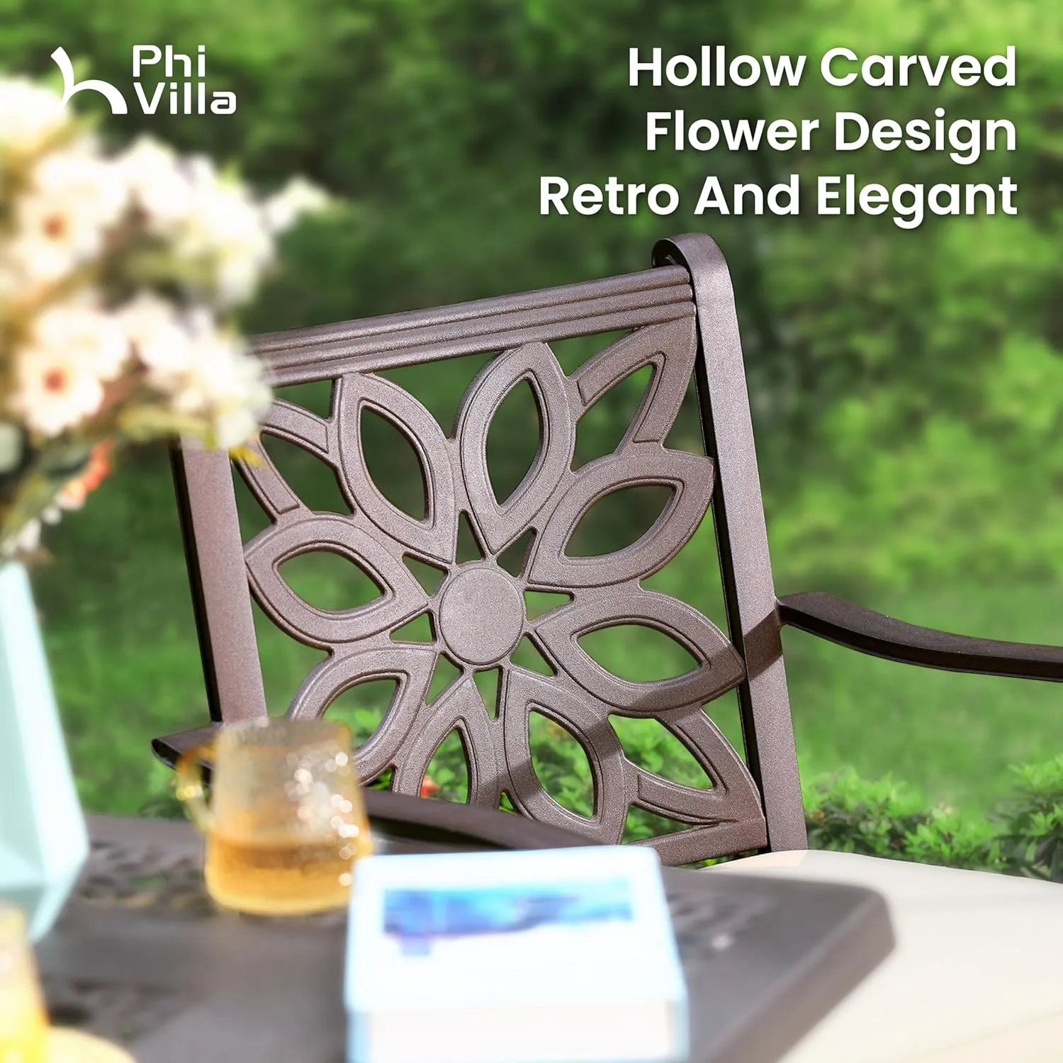 PHI VILLA Cast Aluminum Patio Dining Set for 6 Person, 7 Piece Outdoor Patio Set with 64" x 37" Cast-Top Aluminum Table(2.3" Umbrella Hole), 4 Dining Chairs and 2 Swivel Rockers with Seat Cushions