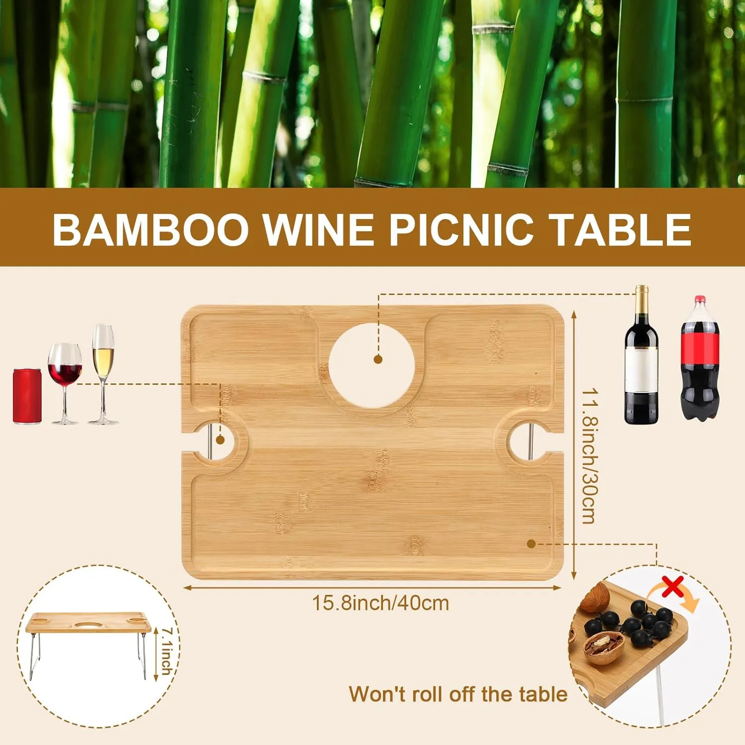 Picnic Basket with Foldable Wine Table Kit, Handmade Wicker Basket with Lid Handle Portable Bamboo Tray Table for 2 Outdoor Camping Picnic Wine Set Gift for Couples (Red and White)