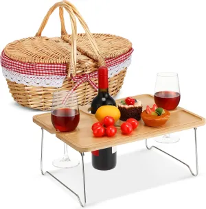 Picnic Basket with Foldable Wine Table Kit, Handmade Wicker Basket with Lid Handle Portable Bamboo Tray Table for 2 Outdoor Camping Picnic Wine Set Gift for Couples (Red and White)