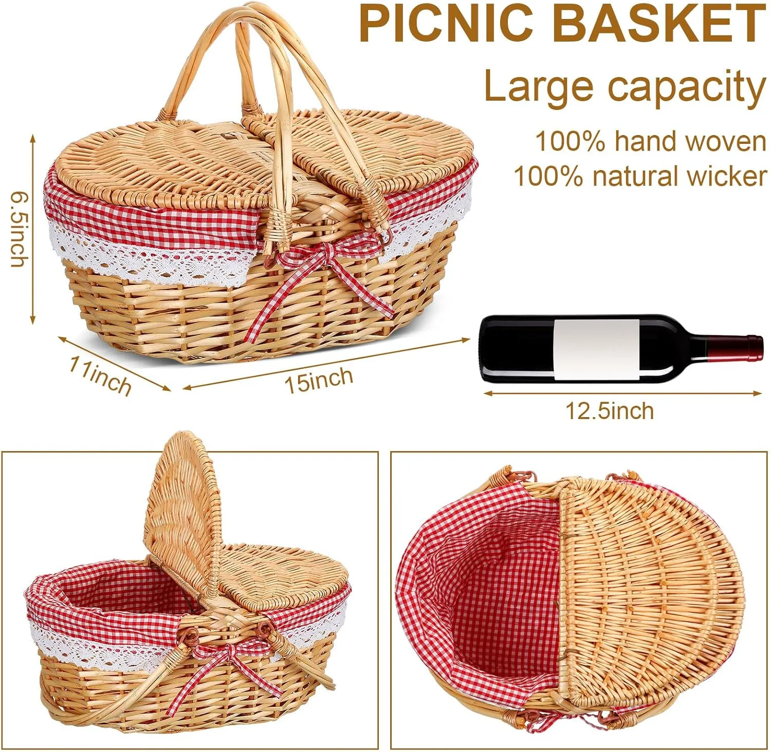 Picnic Basket with Foldable Wine Table Kit, Handmade Wicker Basket with Lid Handle Portable Bamboo Tray Table for 2 Outdoor Camping Picnic Wine Set Gift for Couples (Red and White)