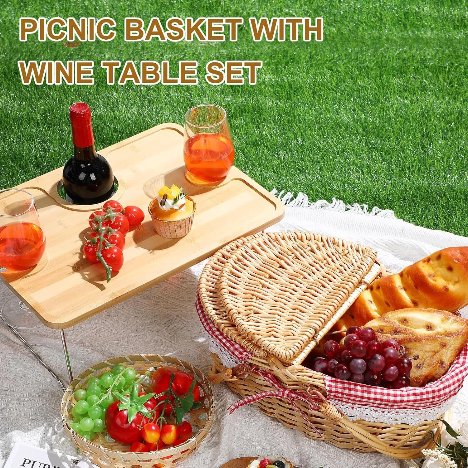 Picnic Basket with Foldable Wine Table Kit, Handmade Wicker Basket with Lid Handle Portable Bamboo Tray Table for 2 Outdoor Camping Picnic Wine Set Gift for Couples (Red and White)