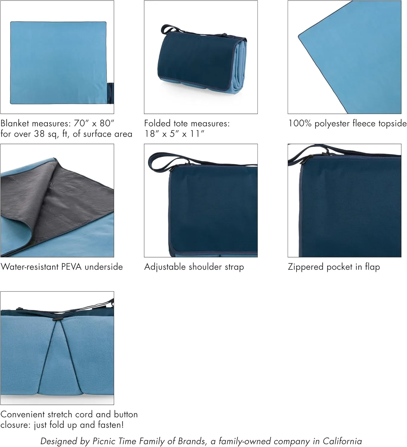 Picnic TIME Blanket Tote XL Outdoor Picnic Blanket, Beach Blanket, Camping Blanket, (Dusty Blue)