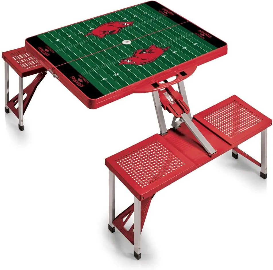 PICNIC TIME NCAA Arkansas Razorbacks Football Field Folding Picnic Table - Camping Table - Outdoor Table with Umbrella Hole, (Red)
