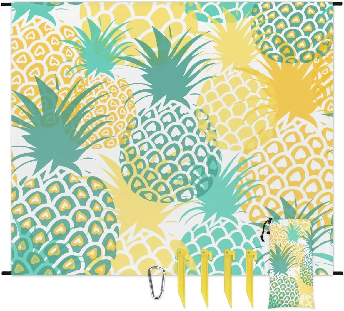 Pineapple Summer Lightweight Beach Blanket Waterproof Sandproof 59"X68" Sand Free Beach Mat with 4 Stakes Compact Outdoor Blanket for Beach Quick Drying Picnic Mat for Travel Camping