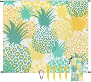 Pineapple Summer Lightweight Beach Blanket Waterproof Sandproof 59"X68" Sand Free Beach Mat with 4 Stakes Compact Outdoor Blanket for Beach Quick Drying Picnic Mat for Travel Camping