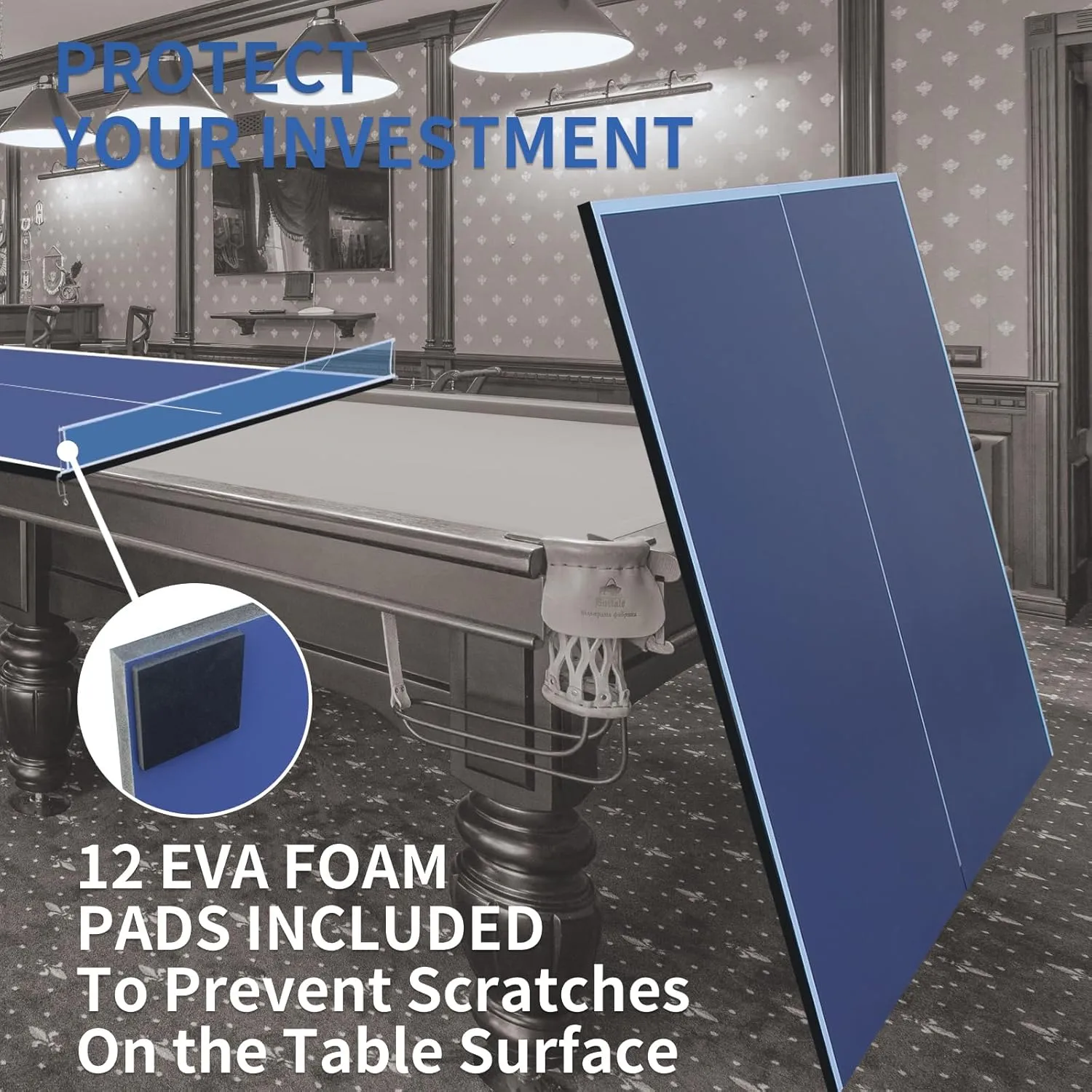 Ping Pong Conversion Top, 8 FT / 9 FT Foldable Table Tennis Topper for Pool & Billiard Tables, 12MM MDF, Compact Storage, Net & Posts Included, Easy Setup, Indoor Use