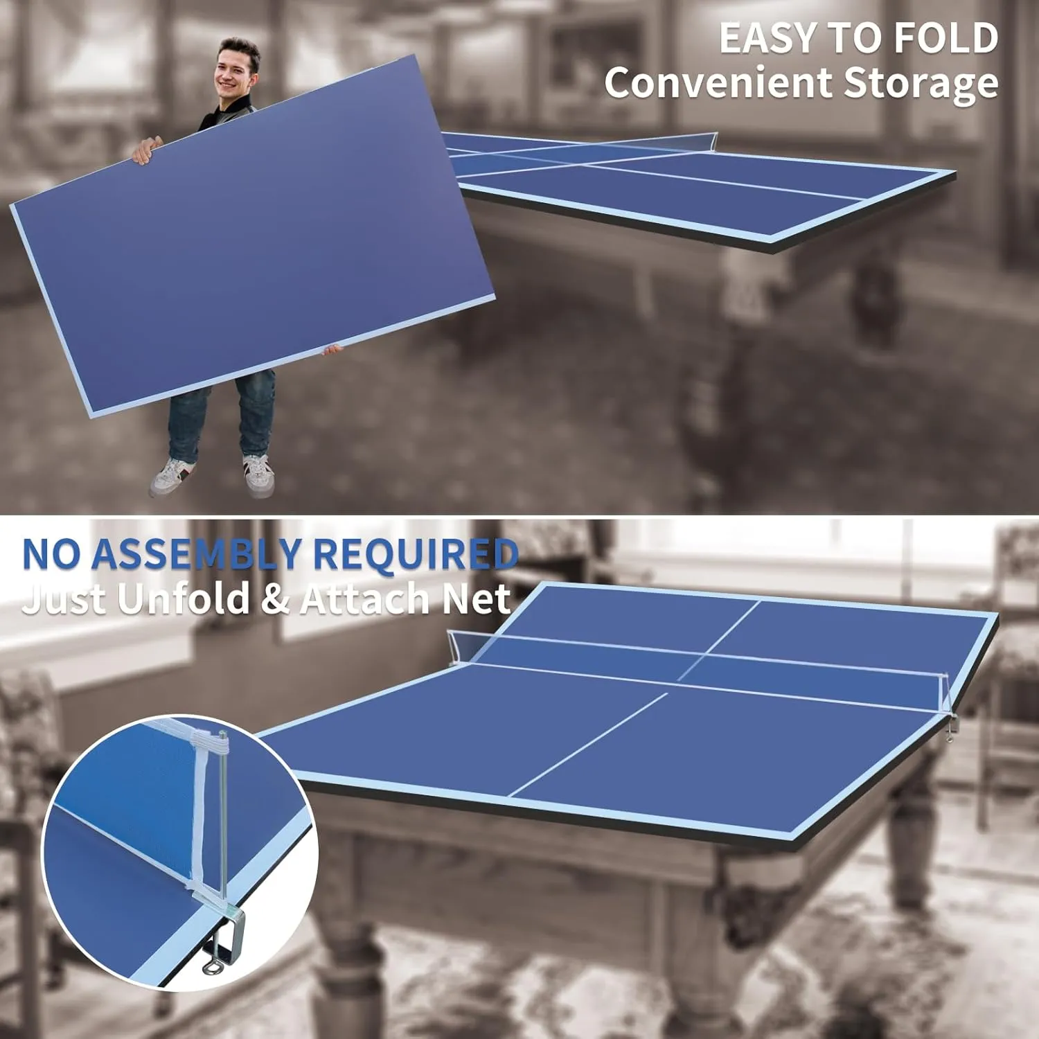 Ping Pong Conversion Top, 8 FT / 9 FT Foldable Table Tennis Topper for Pool & Billiard Tables, 12MM MDF, Compact Storage, Net & Posts Included, Easy Setup, Indoor Use