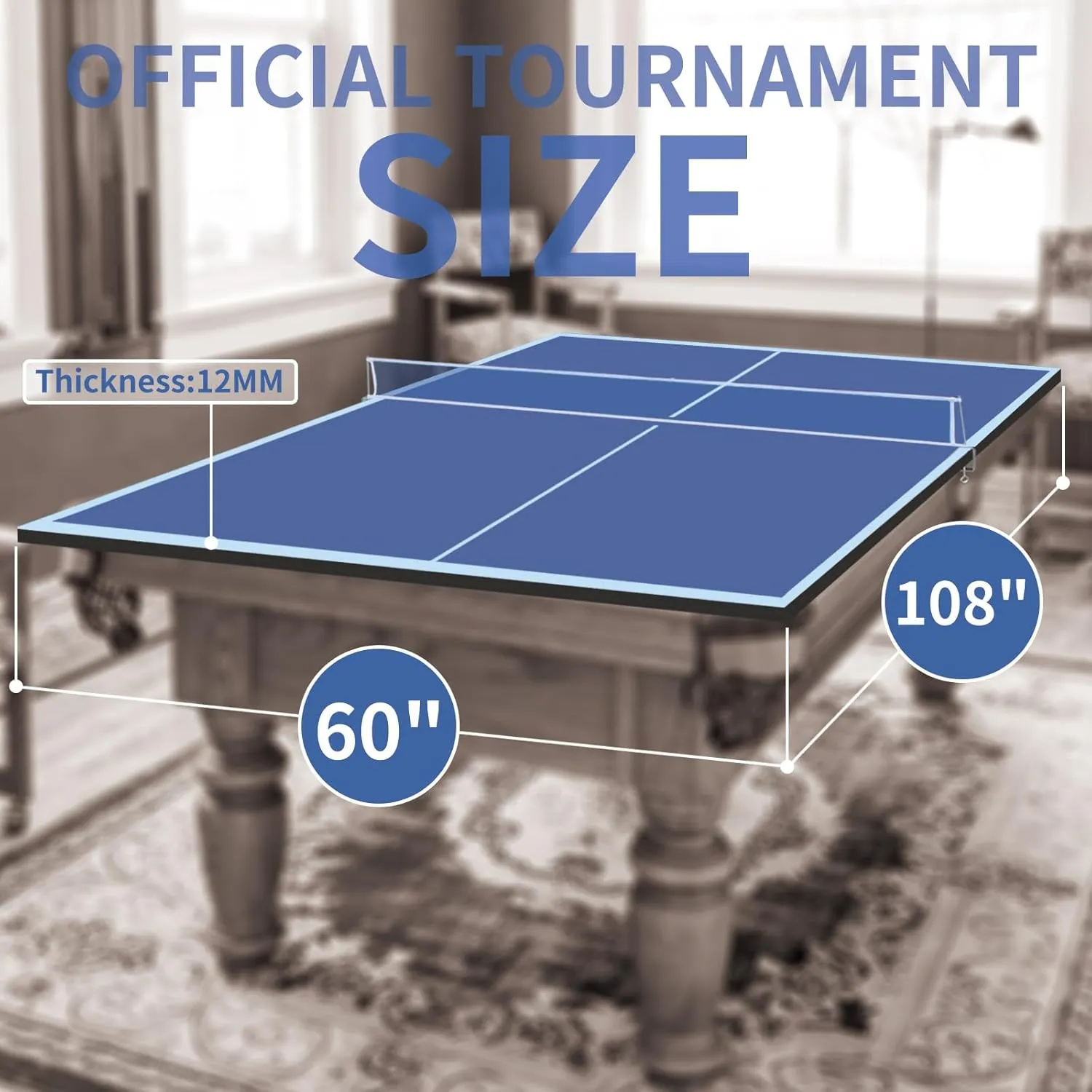 Ping Pong Conversion Top, 8 FT / 9 FT Foldable Table Tennis Topper for Pool & Billiard Tables, 12MM MDF, Compact Storage, Net & Posts Included, Easy Setup, Indoor Use