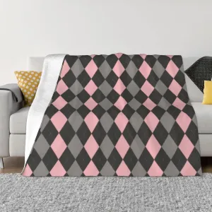 Pink Black Gray Argyle 60"X50" Flannel Blanket - 100% Soft Polyester, Lightweight and Warm, Suitable for Families, Camping, Travel